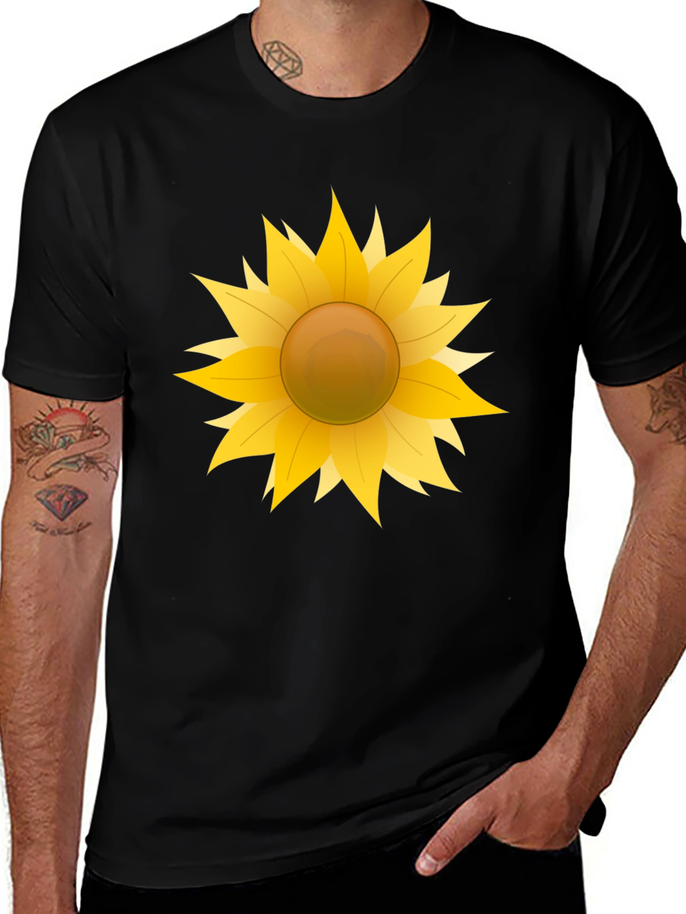 Camiseta Negra con Girasol Gráfico