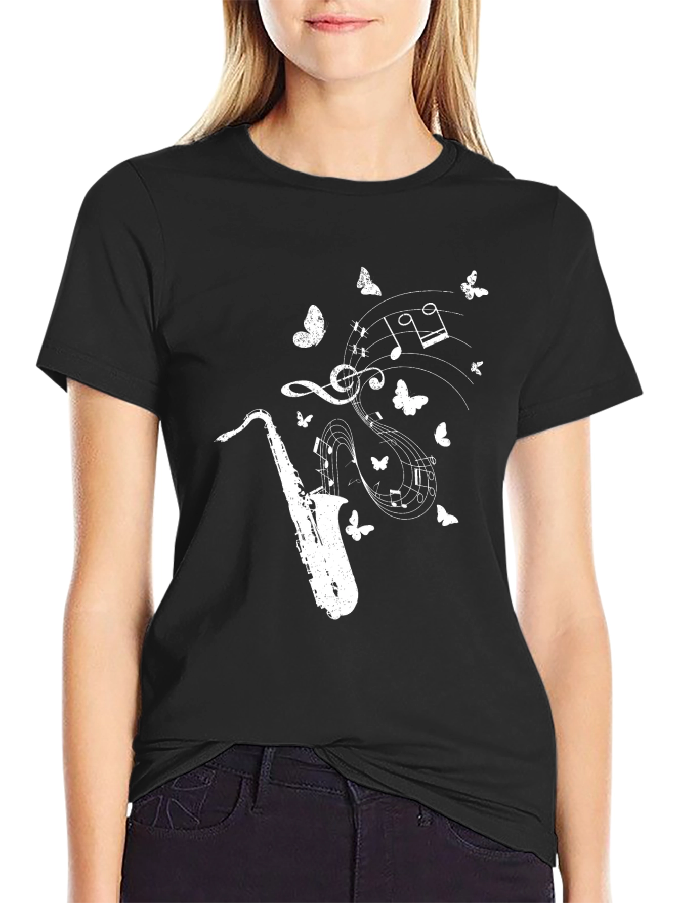 Camiseta Negra Saxofón Notas Musicales Mariposas Hombre