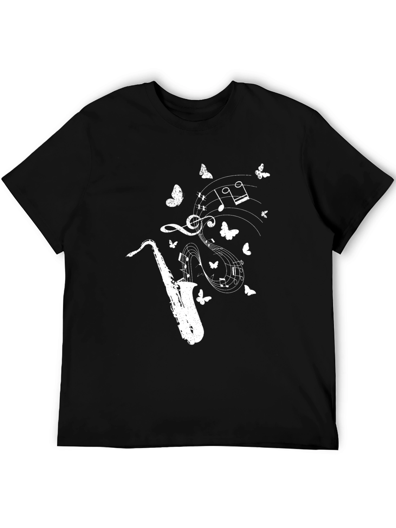 Camiseta Negra Saxofón Notas Musicales Mariposas Hombre