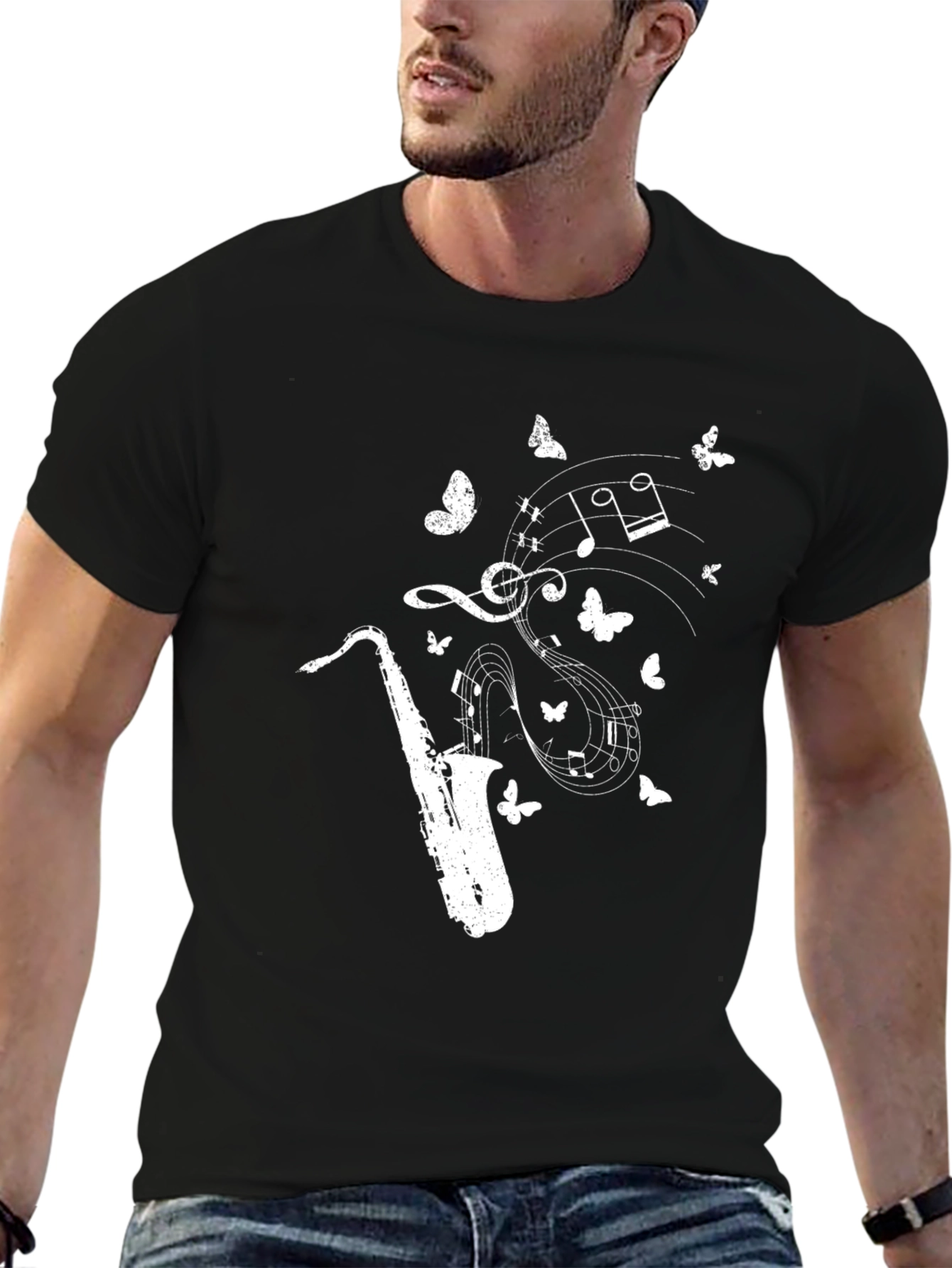 Camiseta Negra Saxofón Notas Musicales Mariposas Hombre