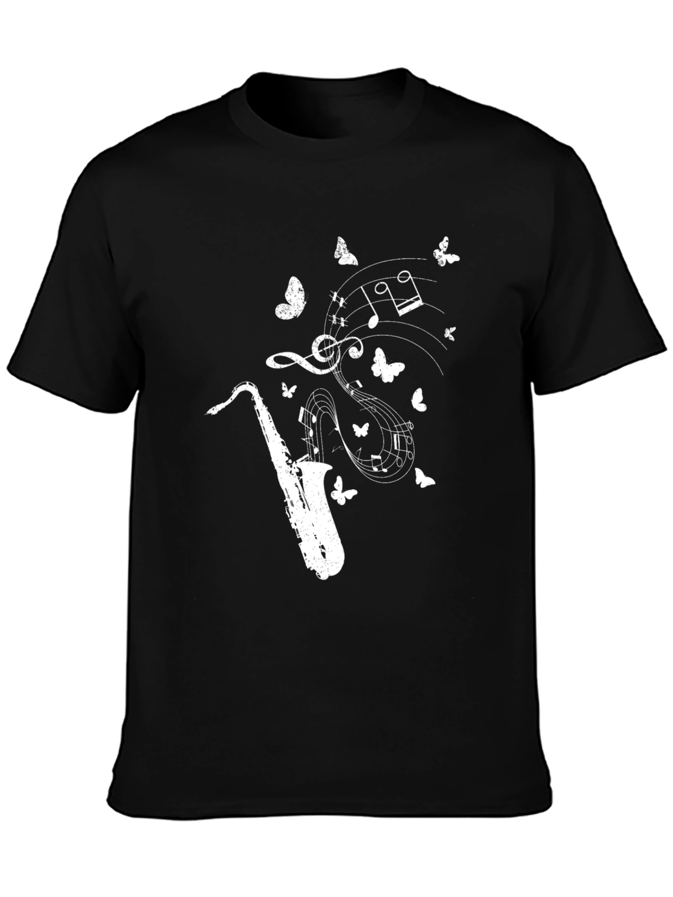Camiseta Negra Saxofón Notas Musicales Mariposas Hombre