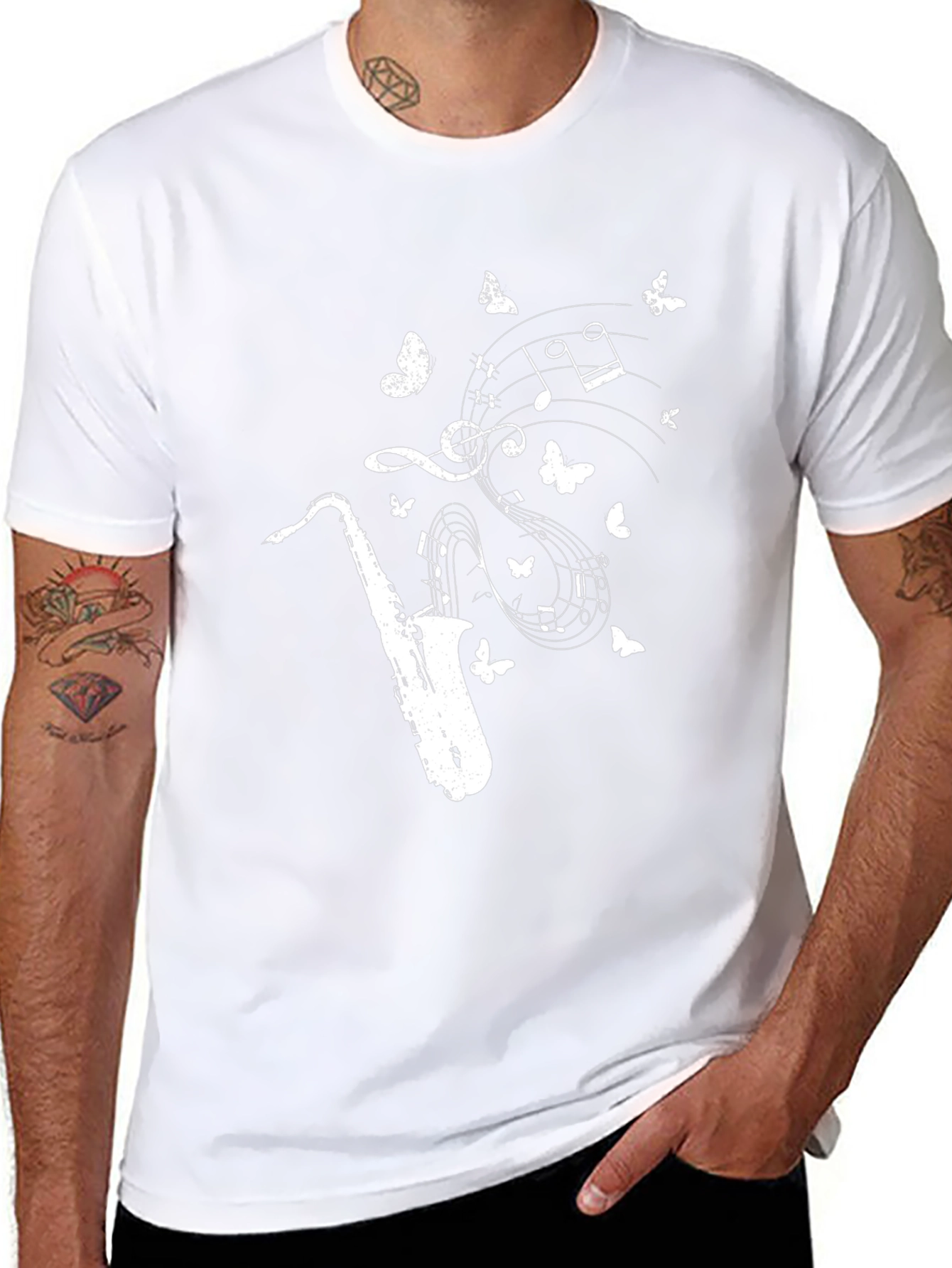 Camiseta Negra Saxofón Notas Musicales Mariposas Hombre