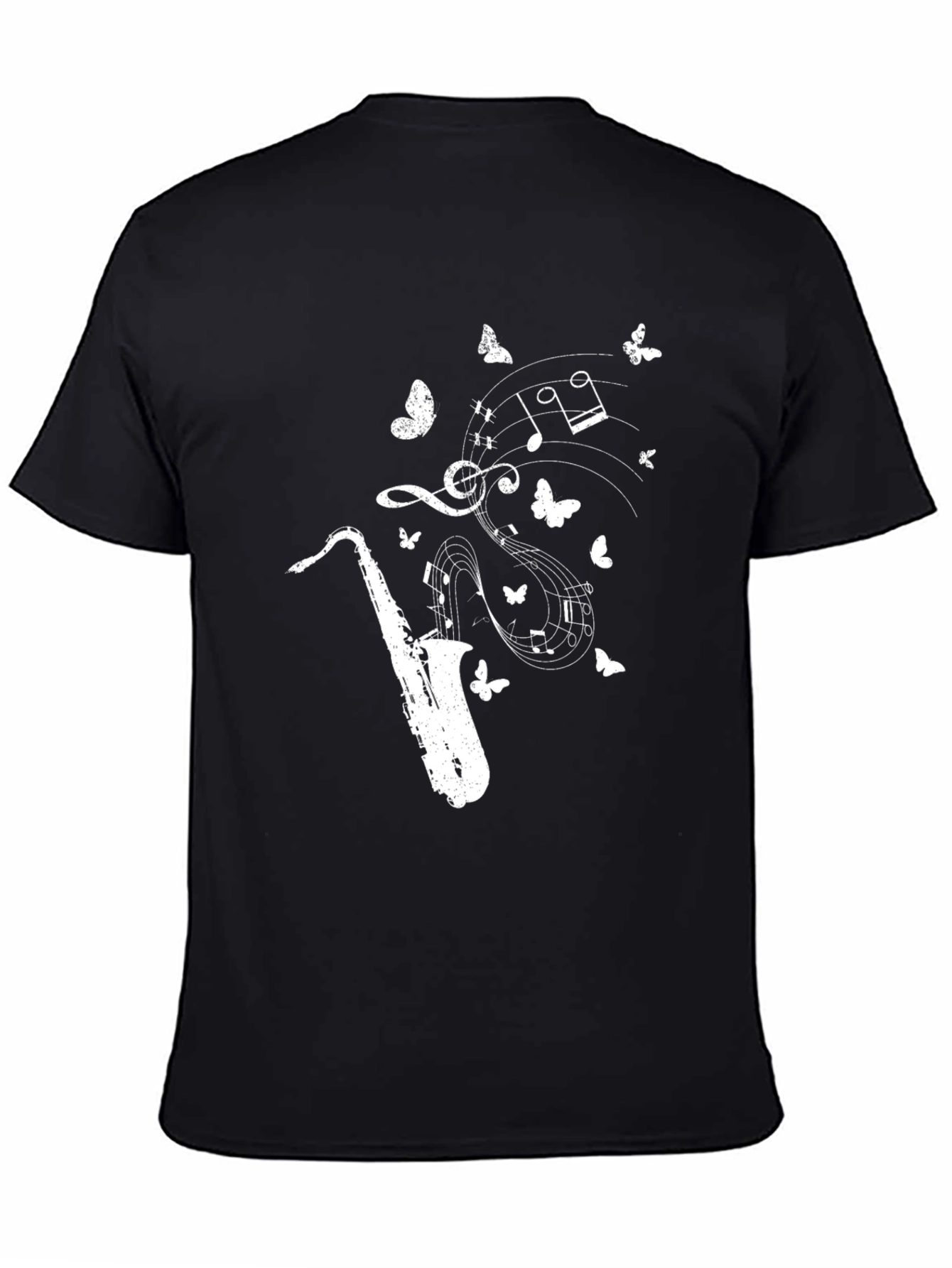 Camiseta Negra Saxofón Notas Musicales Mariposas Hombre
