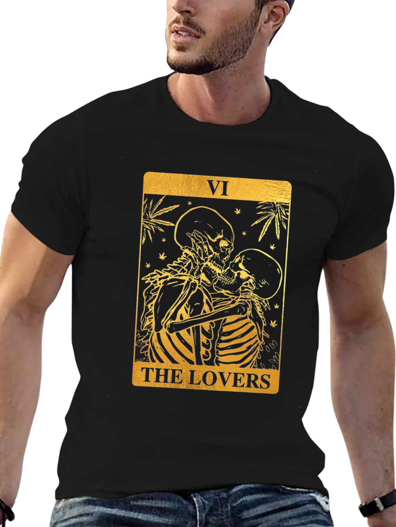 Camiseta Negra con Diseño Los Amantes Tarot