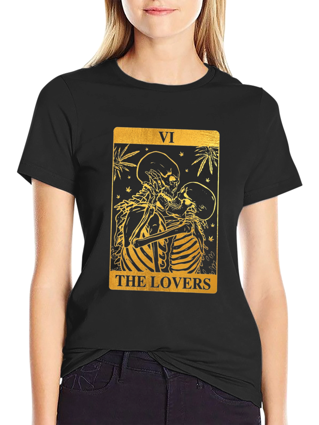 Camiseta Negra con Diseño Los Amantes Tarot