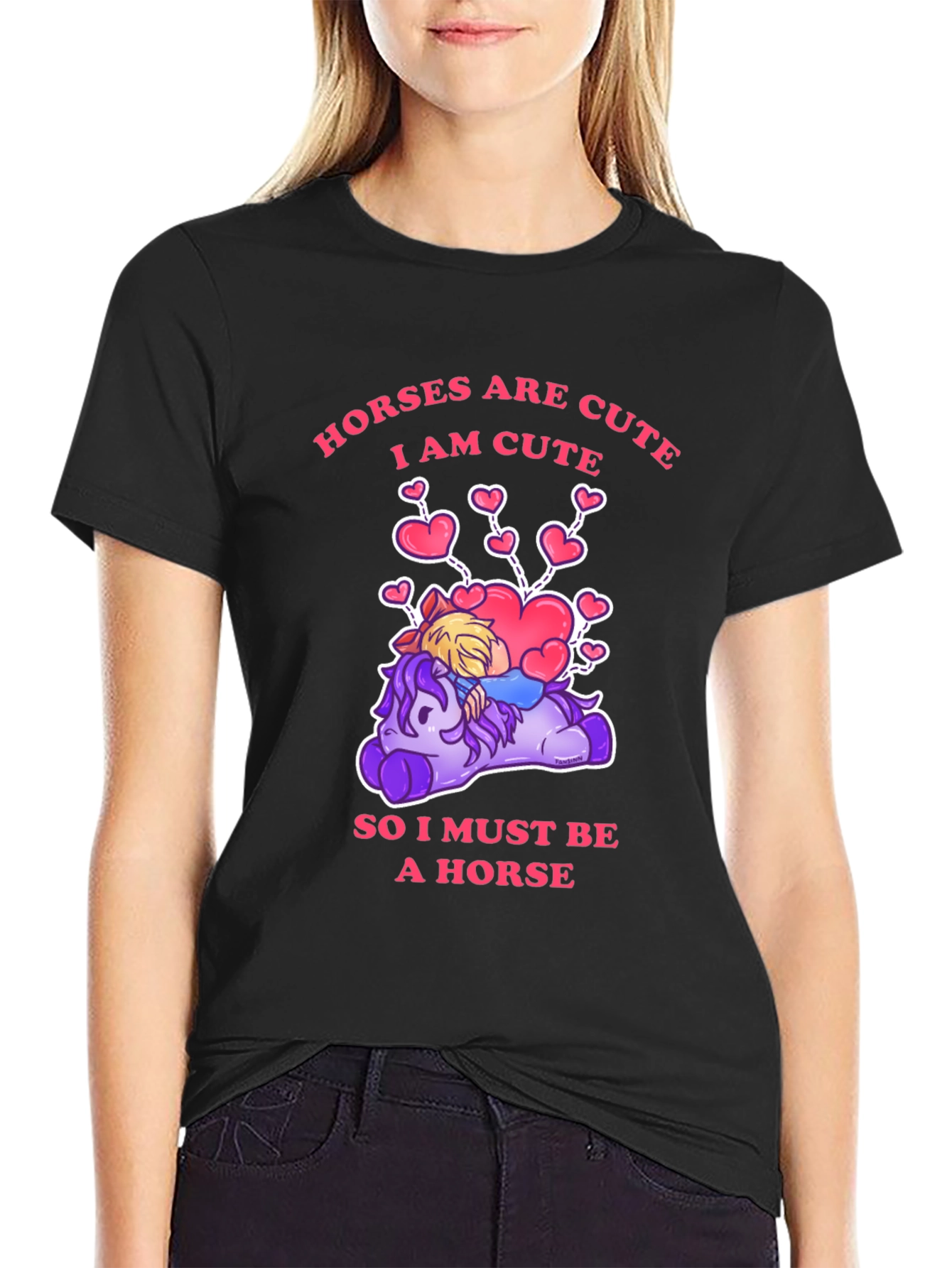 Camiseta Negra con Diseño Gracioso de Caballos