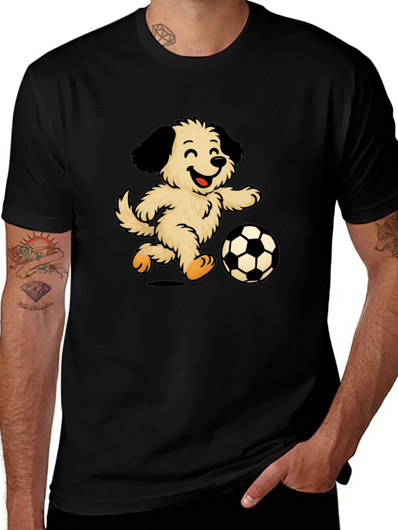 Camiseta Negra con Diseño de Perro Jugando Fútbol