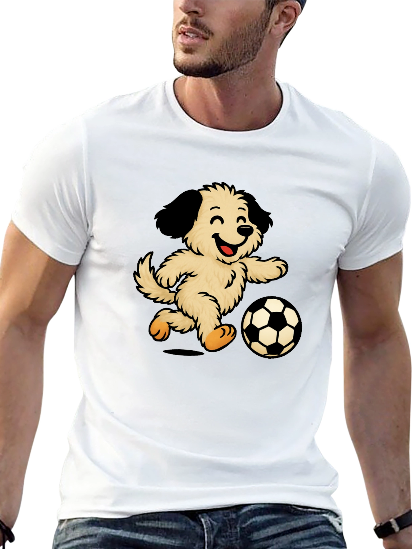 Camiseta Negra con Diseño de Perro Jugando Fútbol