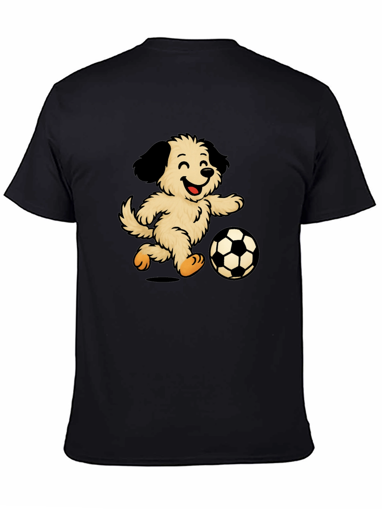 Camiseta Negra con Diseño de Perro Jugando Fútbol