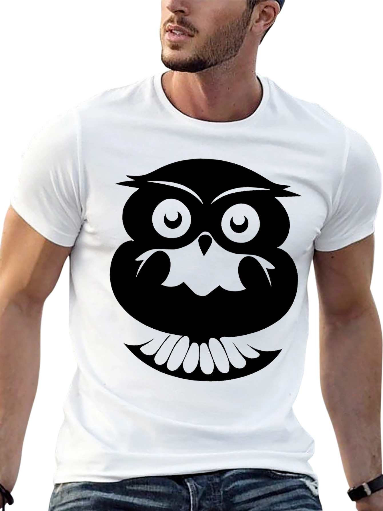 Camiseta Negra con Estampado de Búho Abstracto