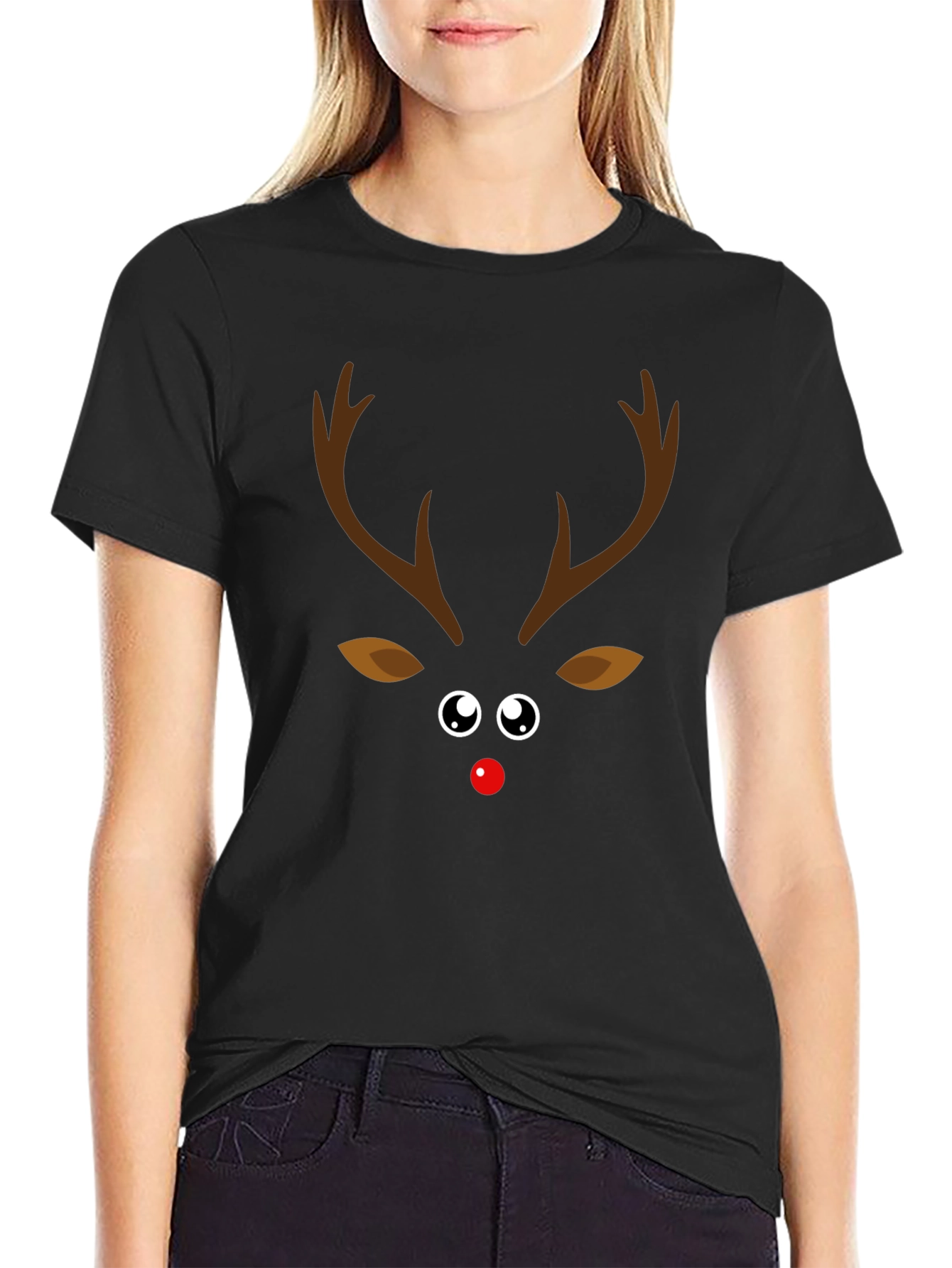 Camiseta Navideña con Diseño de Reno Nariz Roja