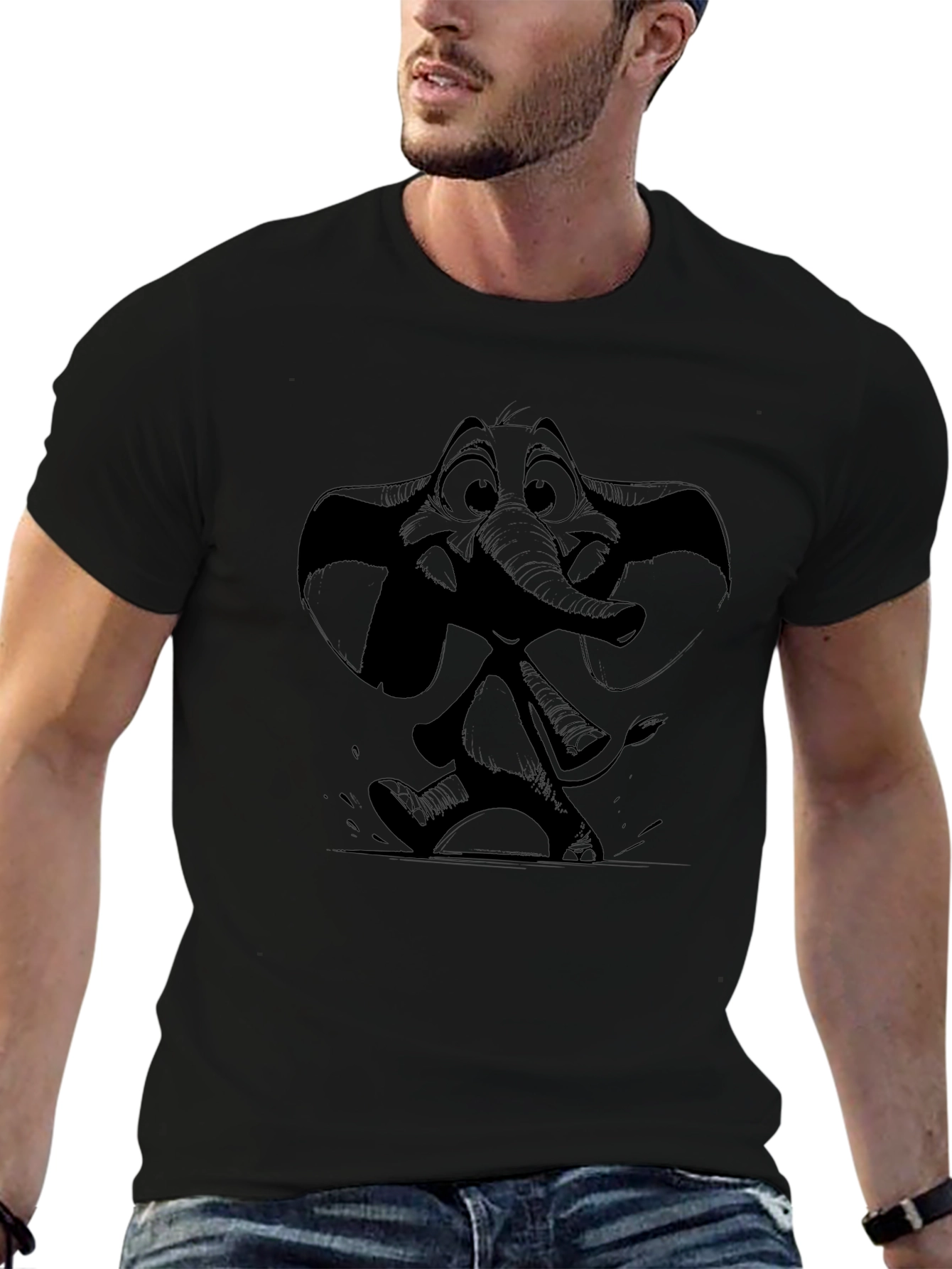 Camiseta Negra con Estampado de Elefante Animado