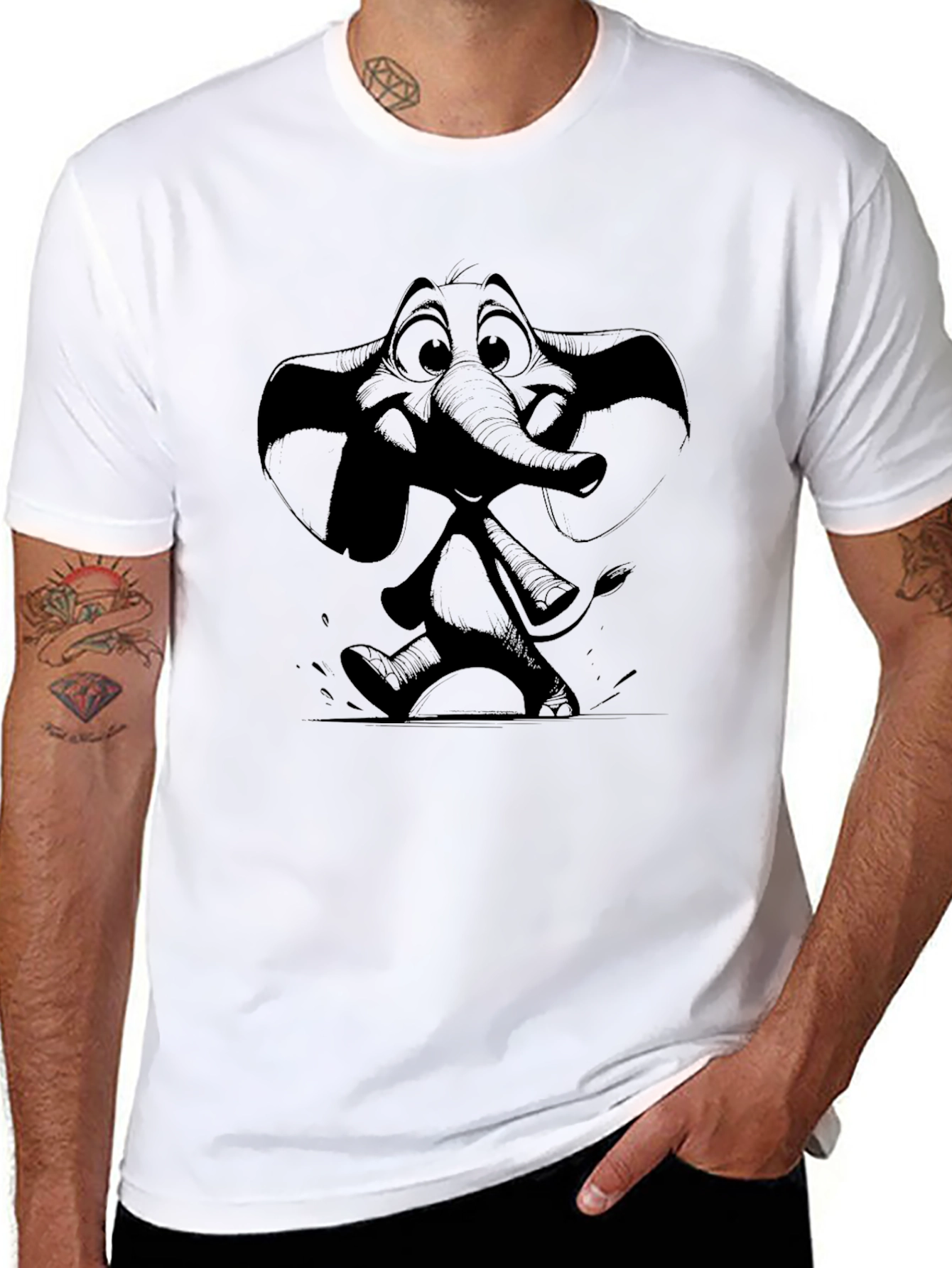 Camiseta Negra con Estampado de Elefante Animado