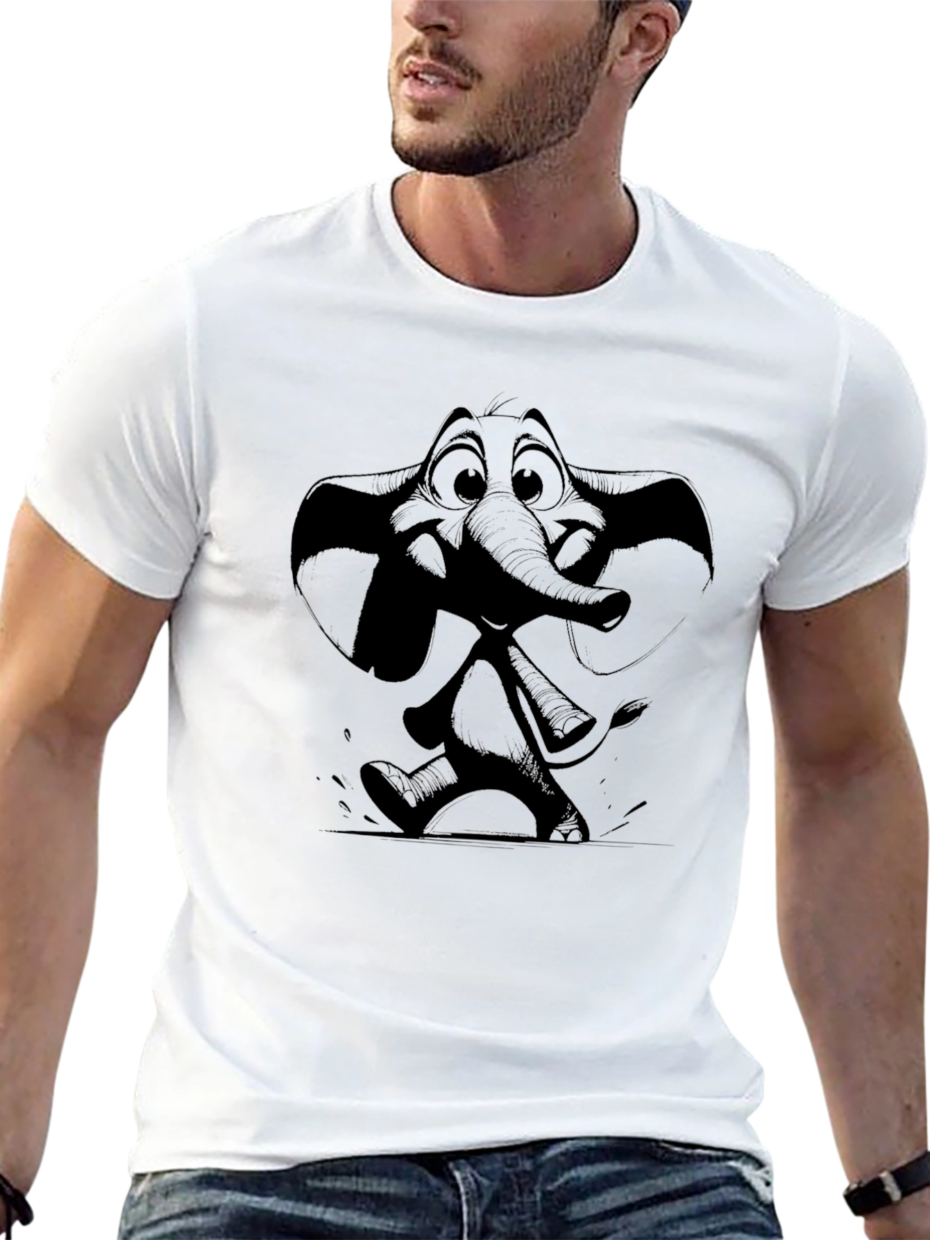Camiseta Negra con Estampado de Elefante Animado