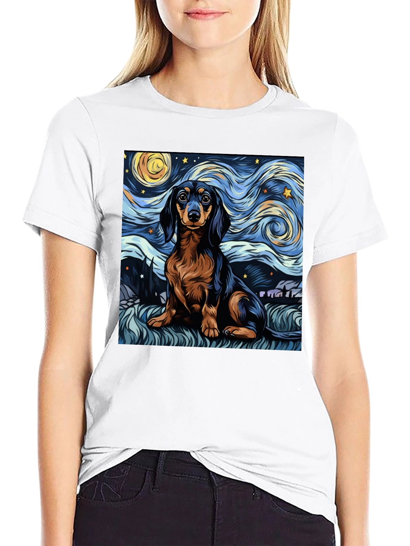 Camiseta Negra Dachshund Noche Estrellada