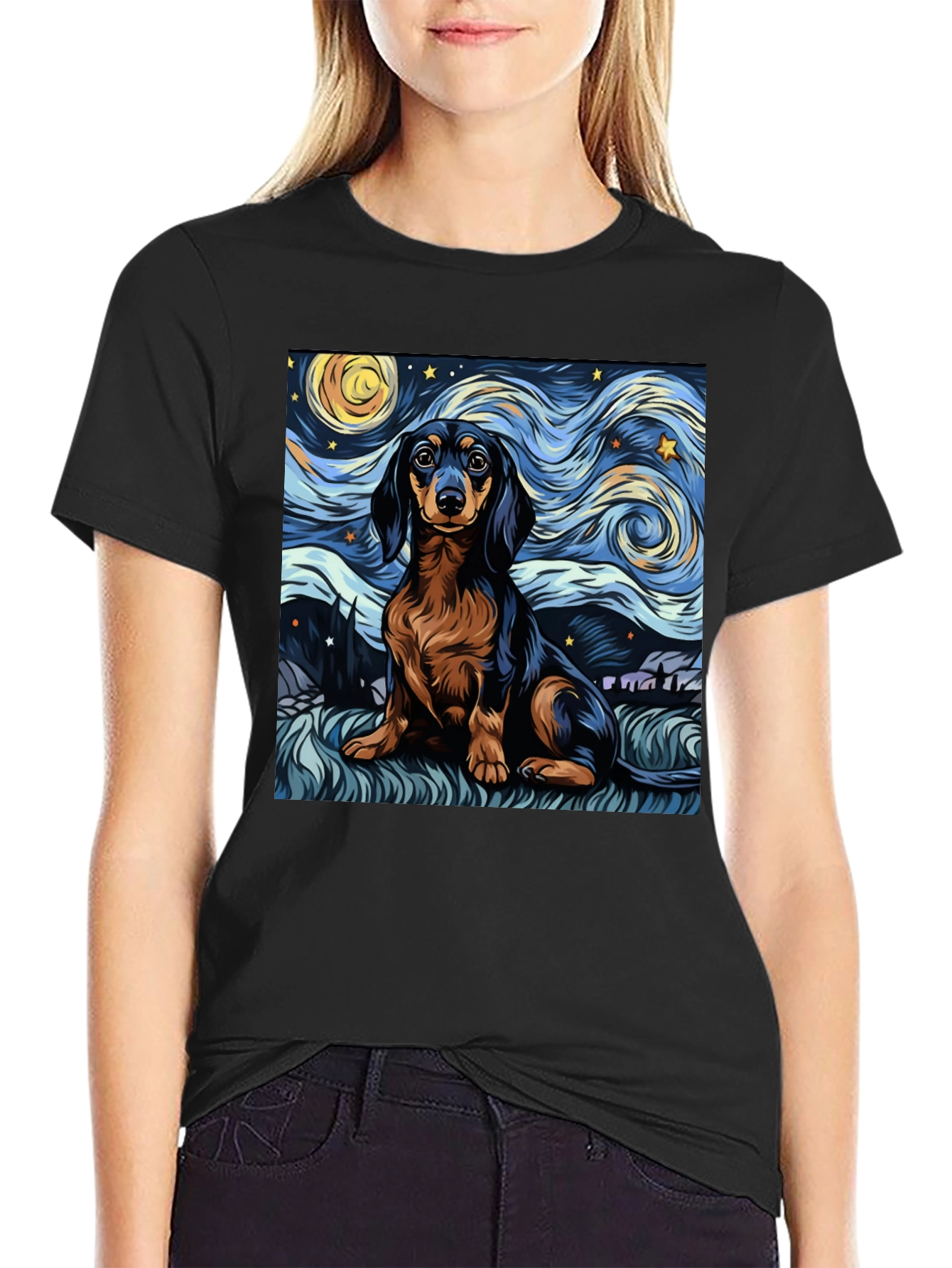 Camiseta Negra Dachshund Noche Estrellada
