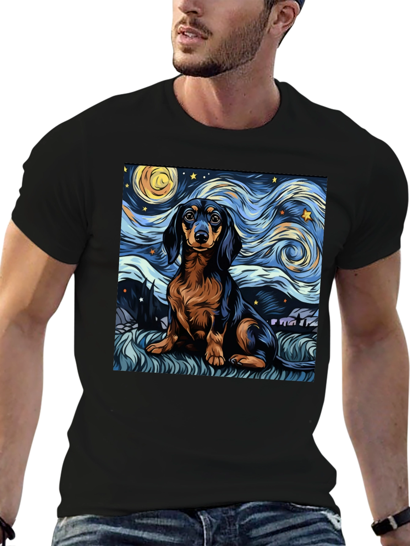Camiseta Negra Dachshund Noche Estrellada
