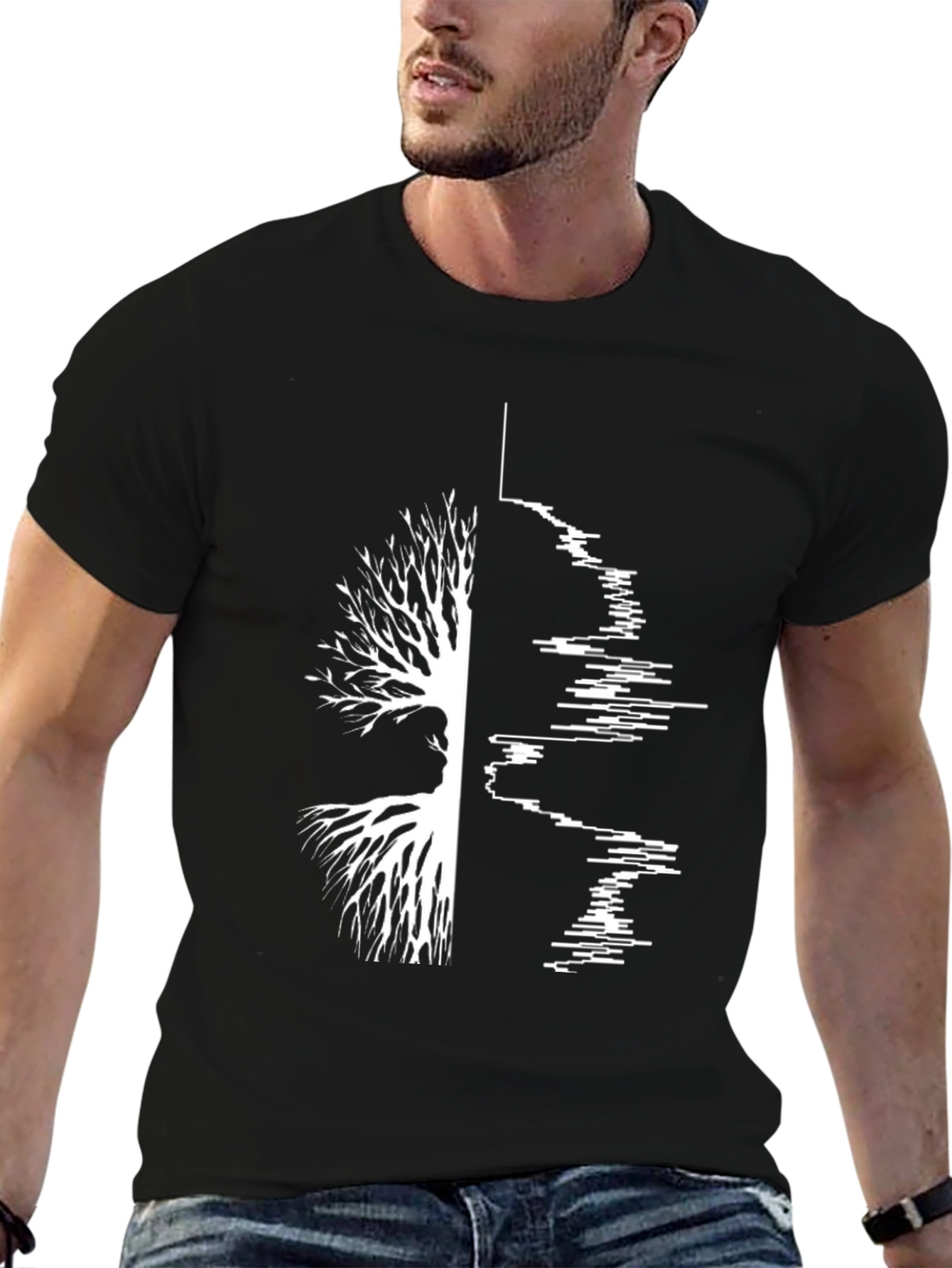 Camiseta Negra Hombre Diseño Árbol y Ondas Sonido