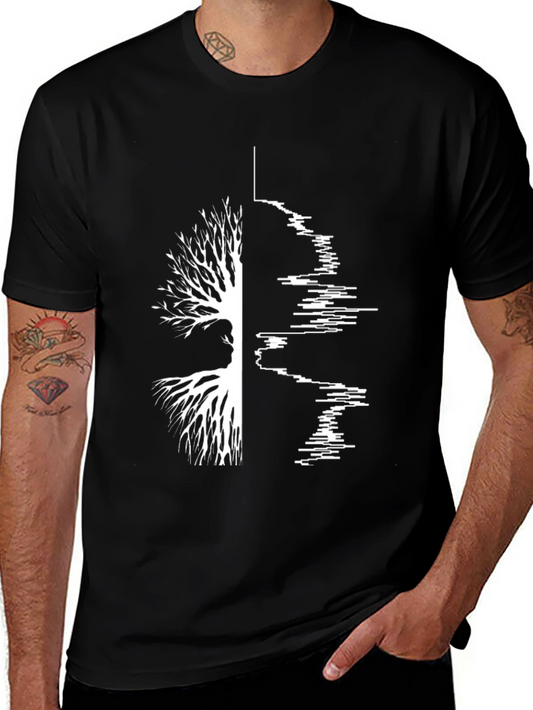 Camiseta Negra Hombre Diseño Árbol y Ondas Sonido