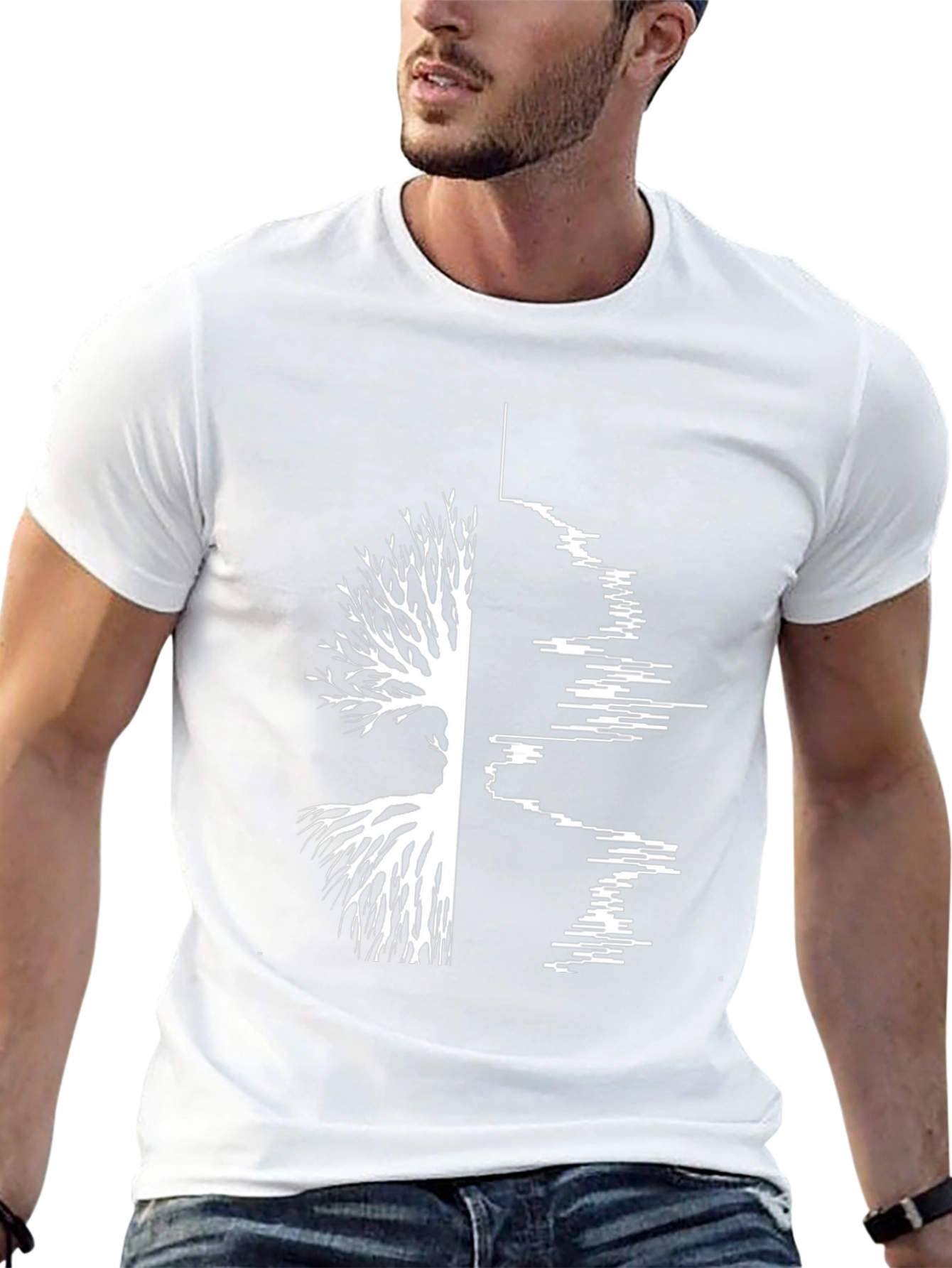 Camiseta Negra Hombre Diseño Árbol y Ondas Sonido