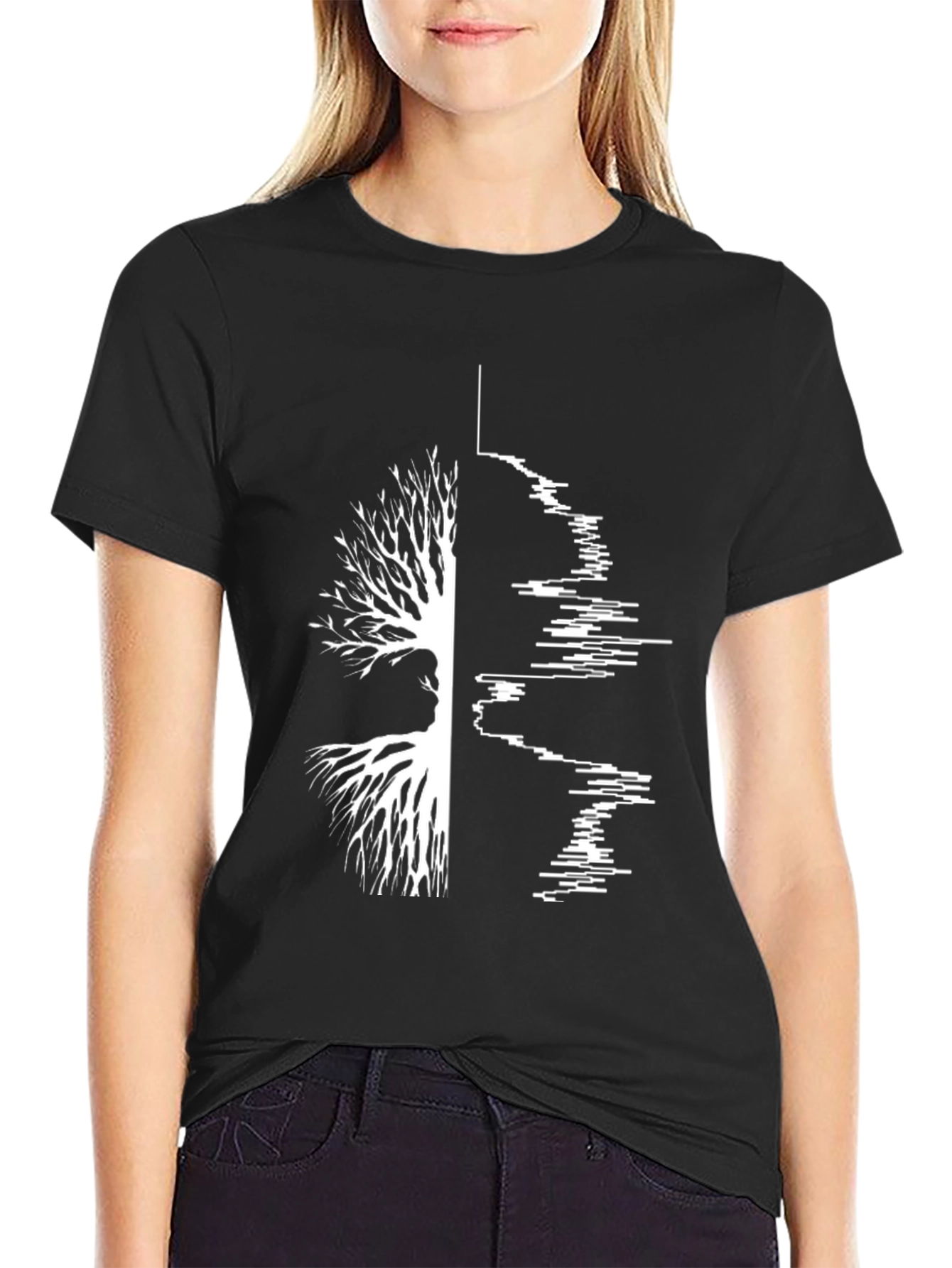 Camiseta Negra Hombre Diseño Árbol y Ondas Sonido