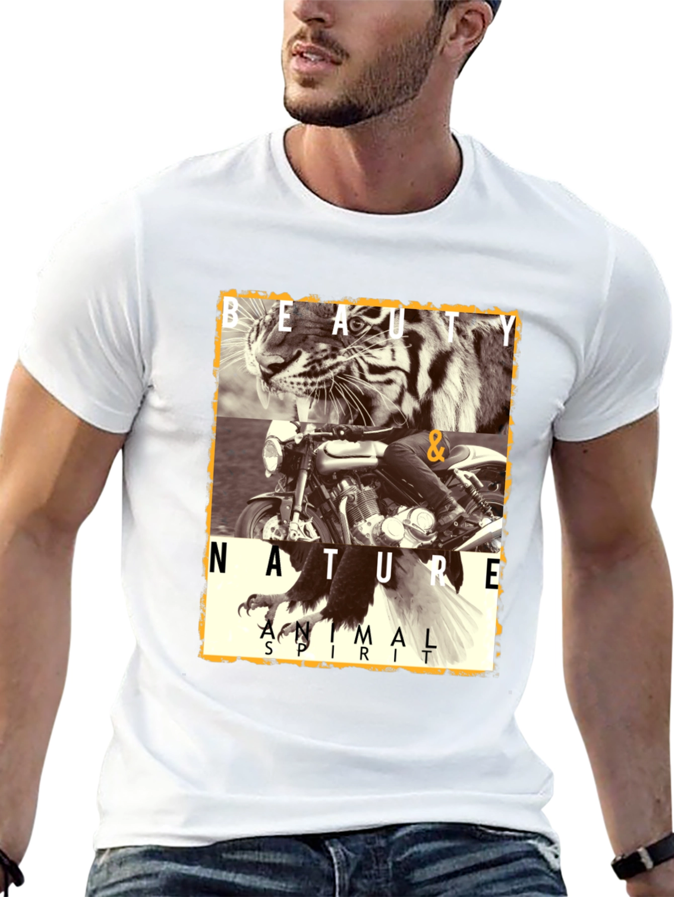 Camiseta Negra con Diseño de Tigre y Moto