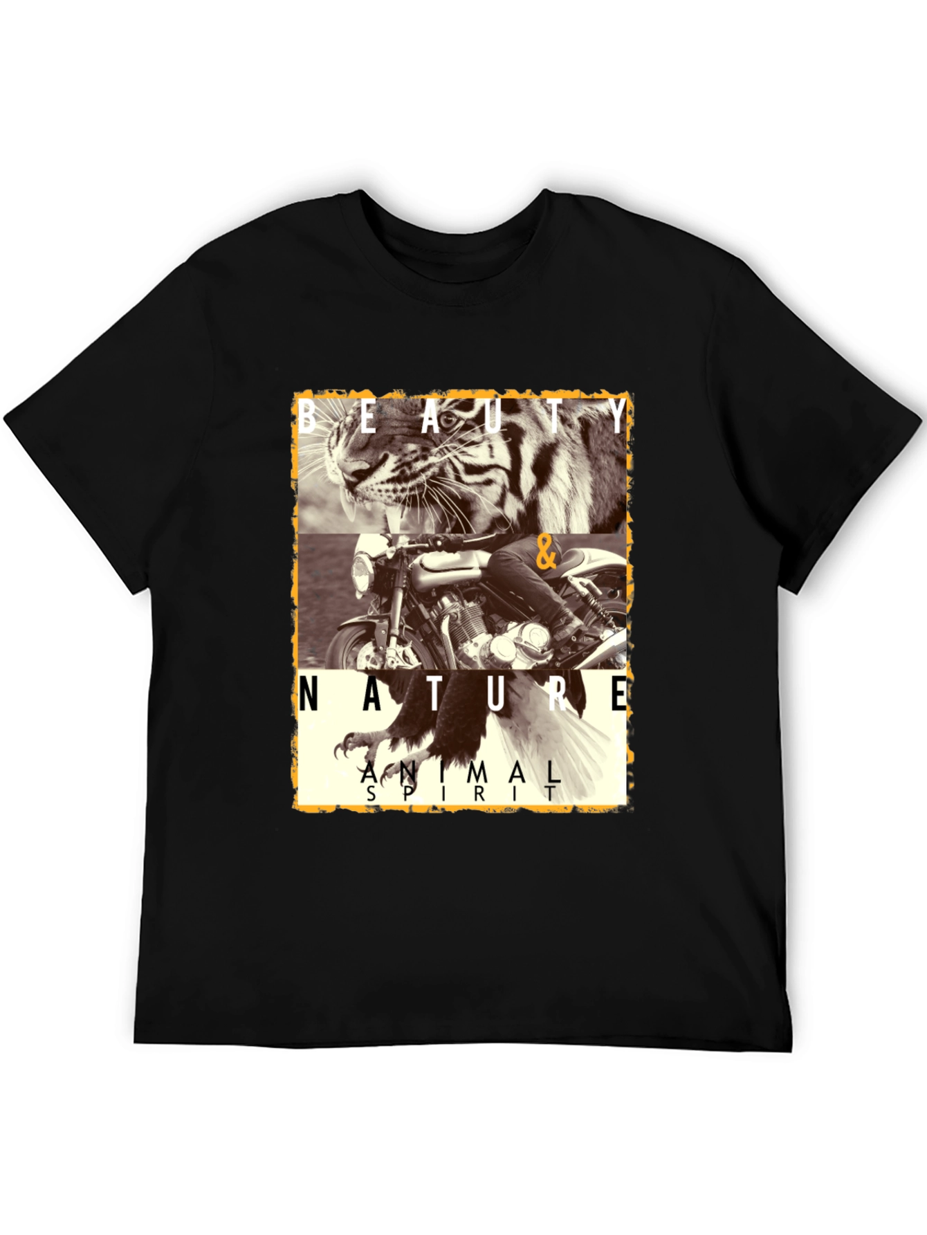 Camiseta Negra con Diseño de Tigre y Moto