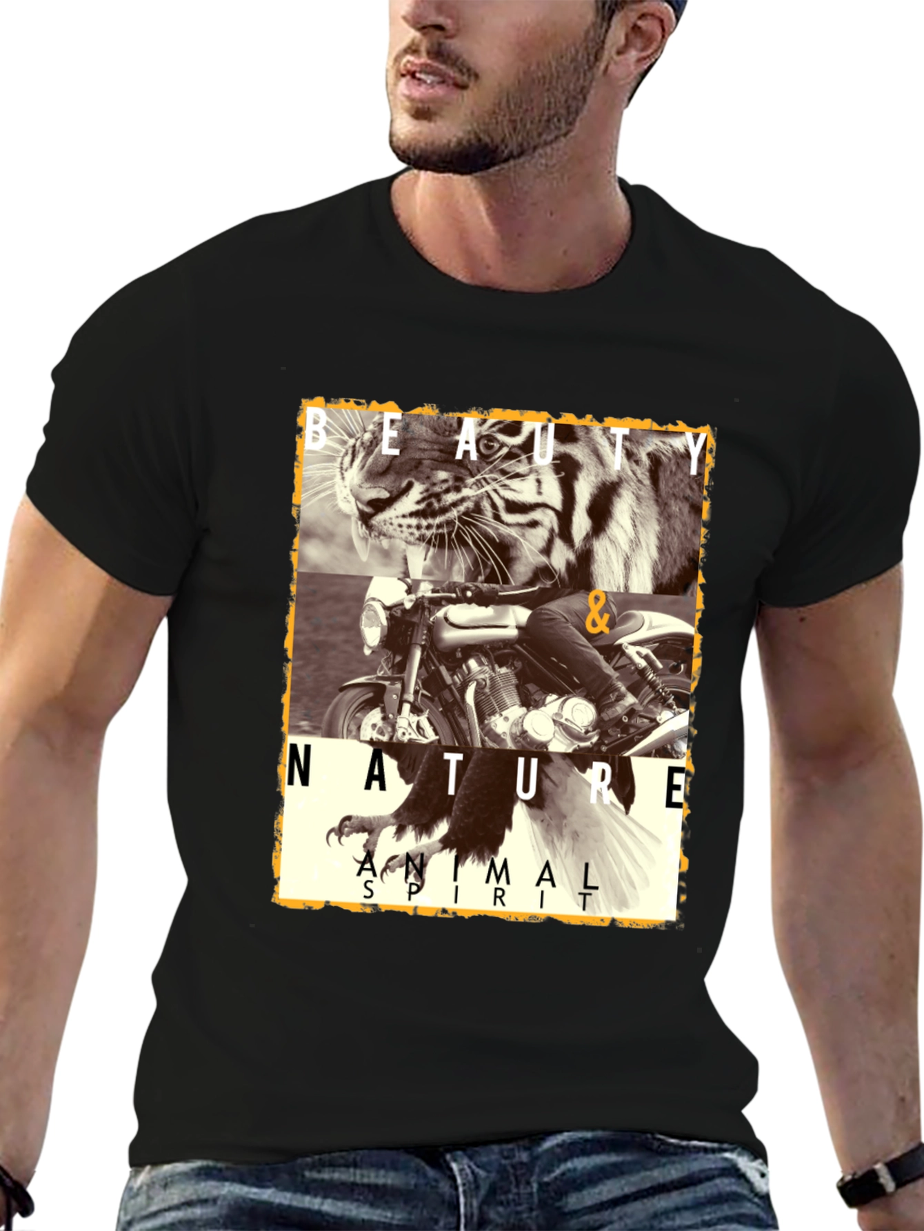 Camiseta Negra con Diseño de Tigre y Moto