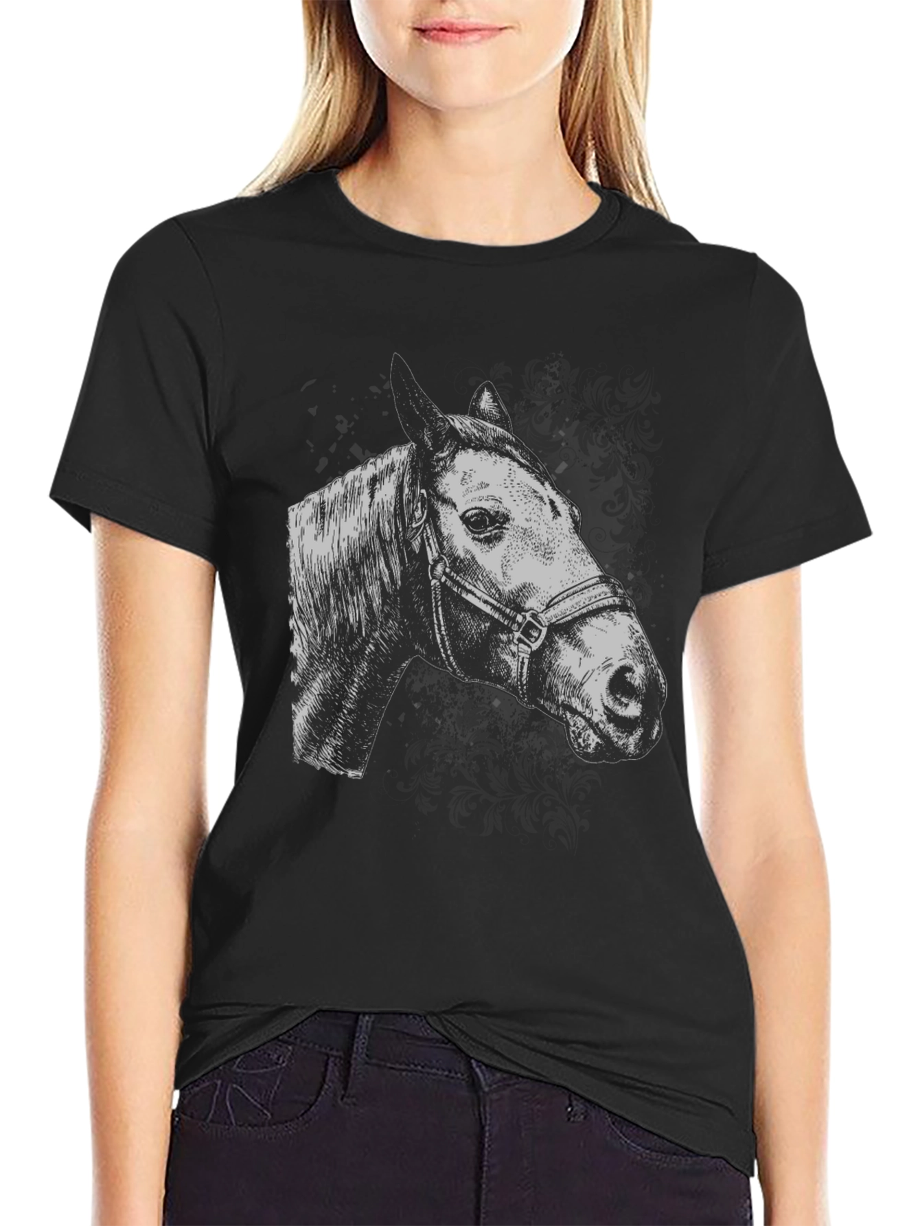 Camiseta Negra con Dibujo de Cabeza de Caballo