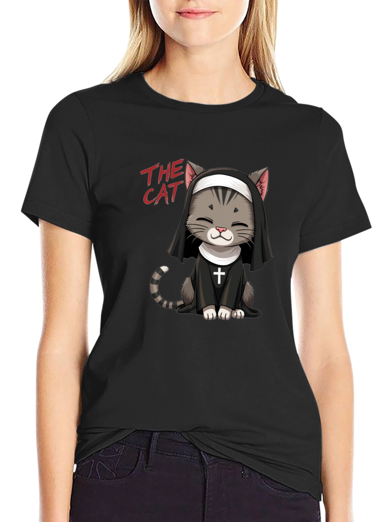 Camiseta Negra The Cat: Gato Monja Divertido