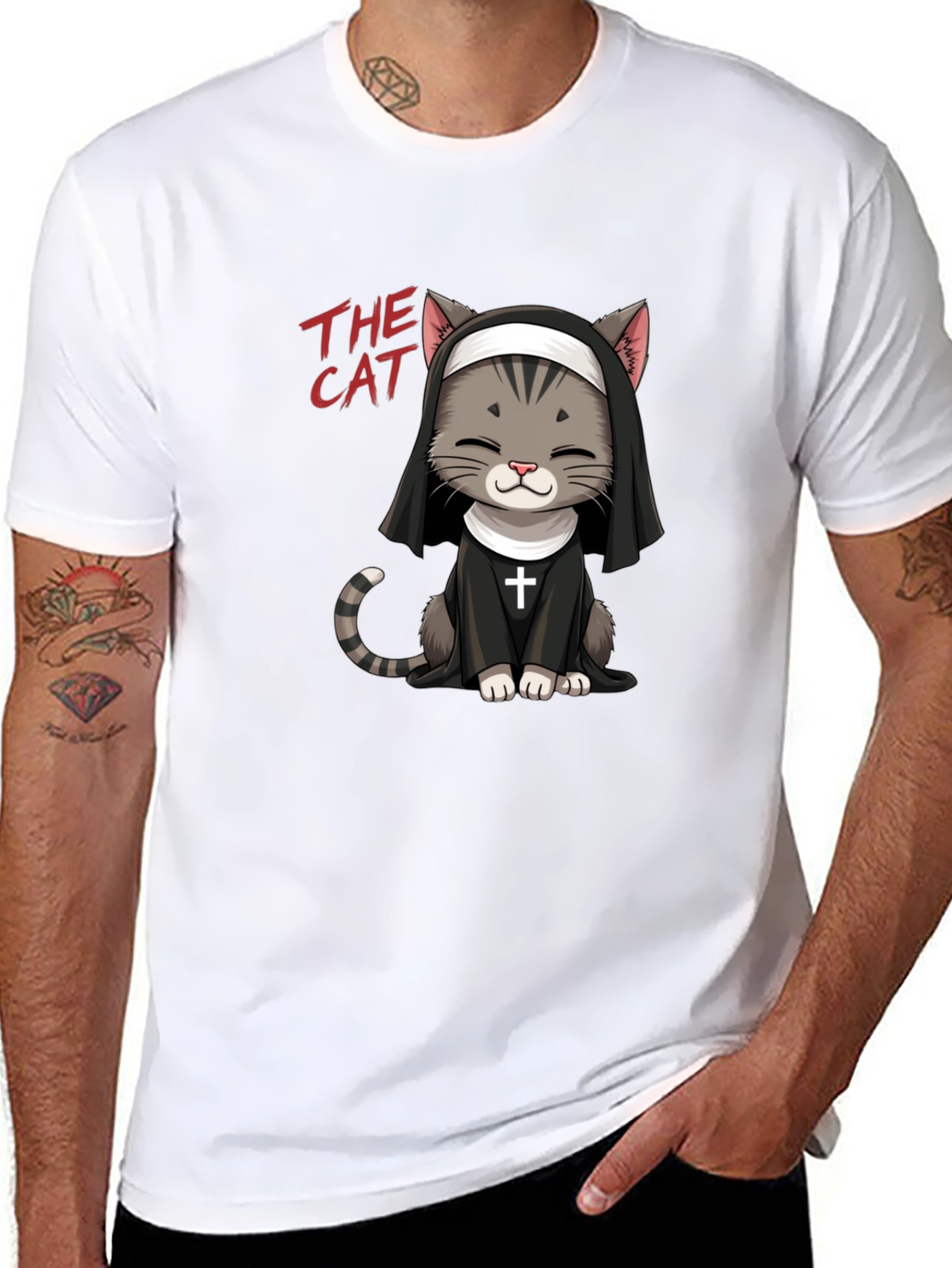 Camiseta Negra The Cat: Gato Monja Divertido