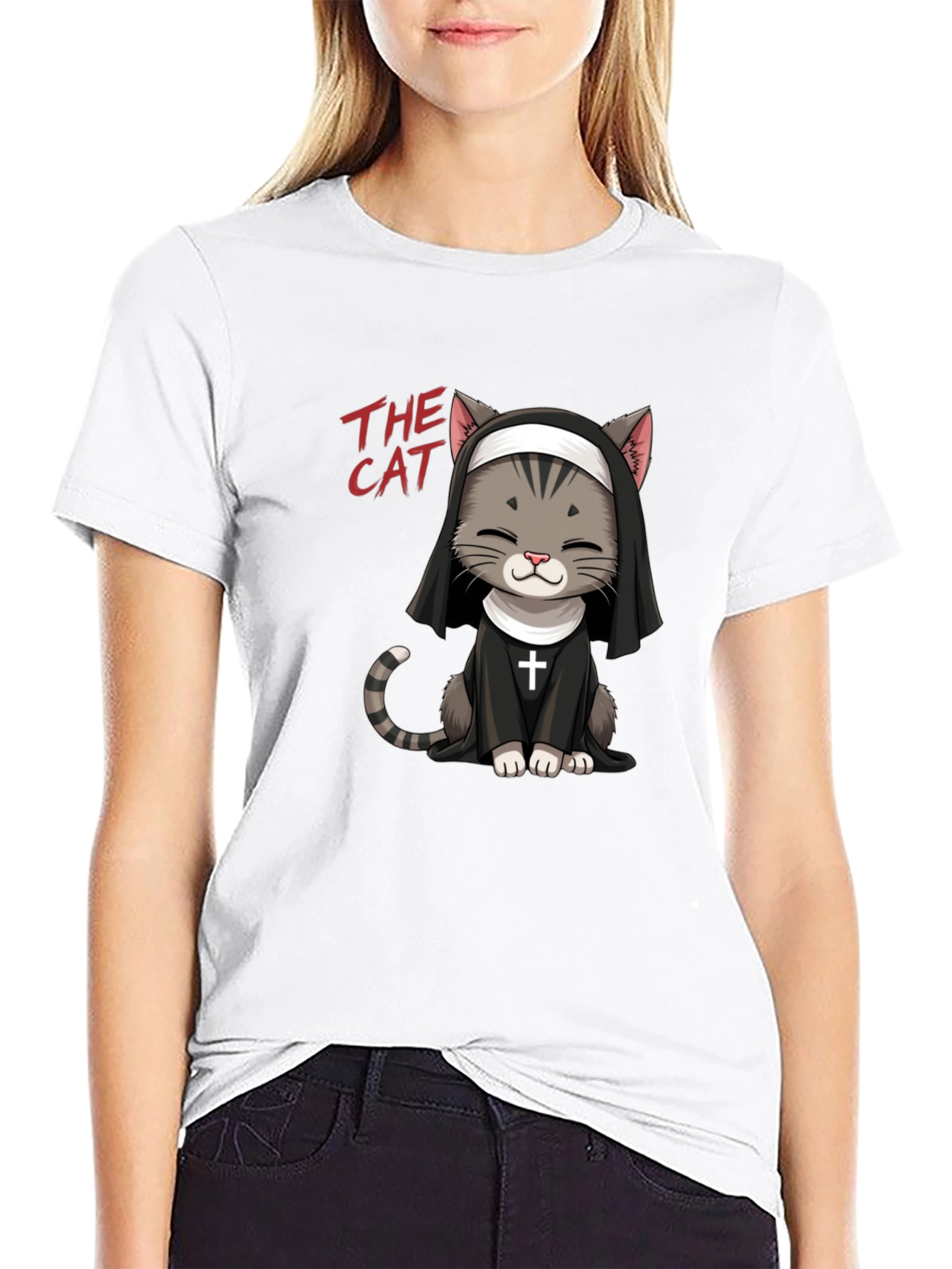 Camiseta Negra The Cat: Gato Monja Divertido
