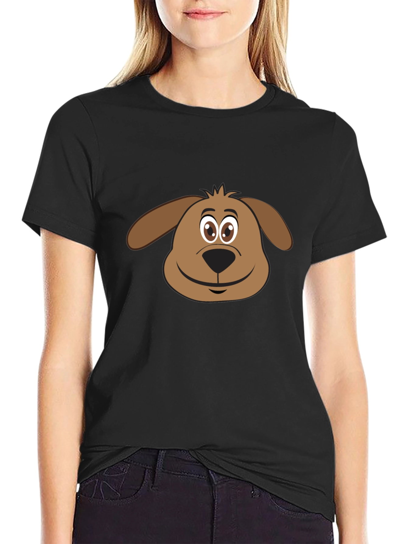 Camiseta Negra con Diseño de Cara de Perro Animado