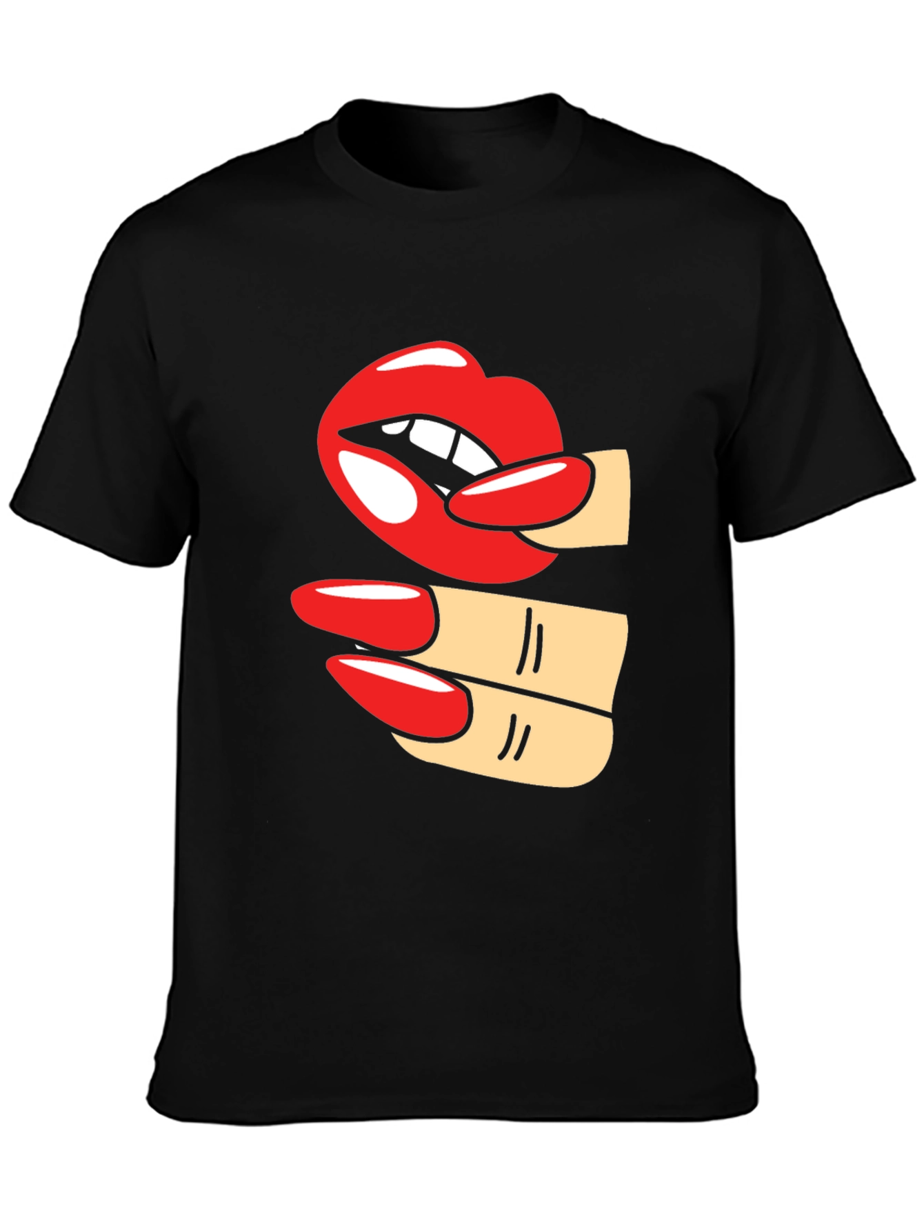 Camiseta Negra con Diseño de Labios y Uñas