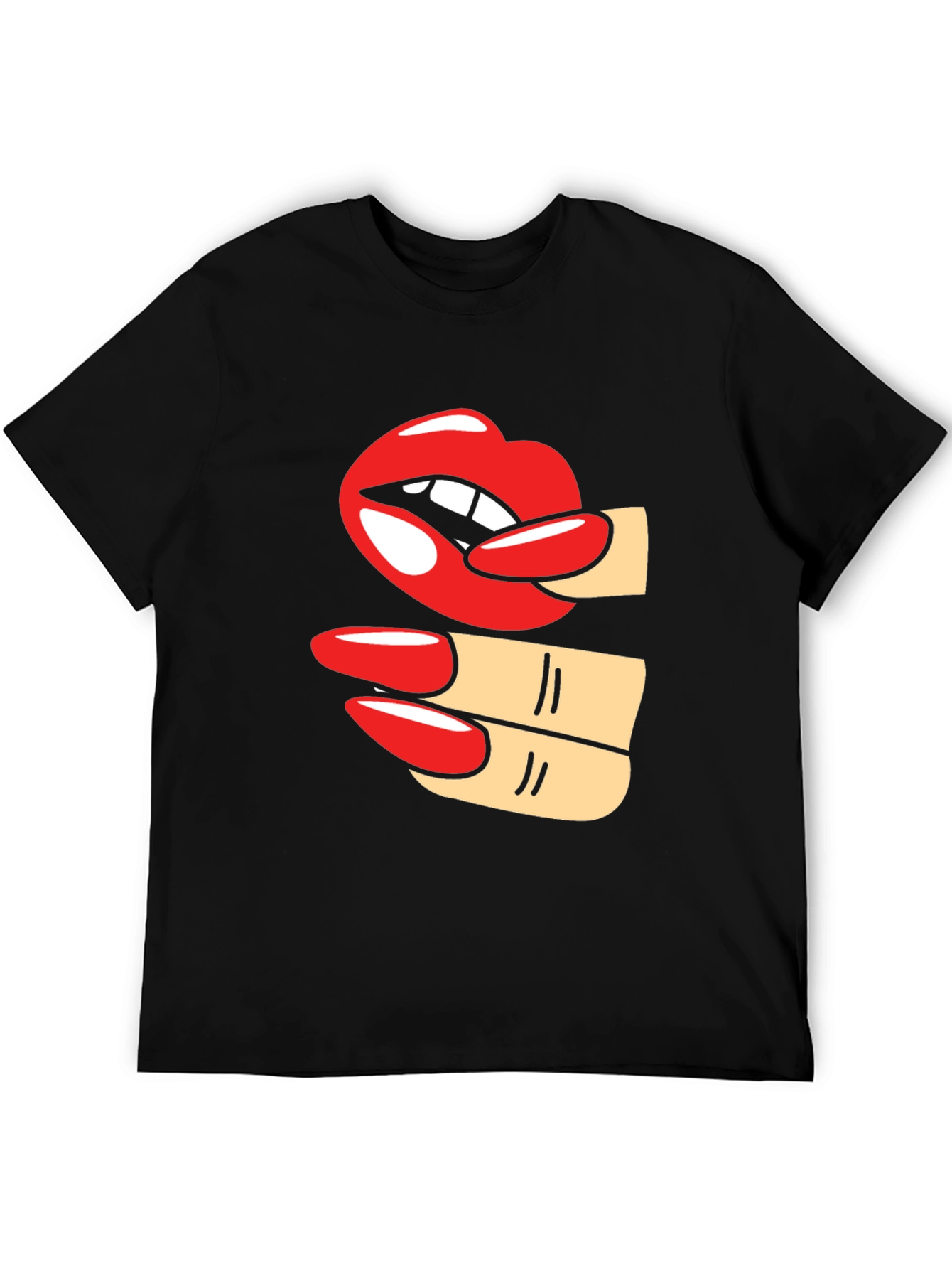 Camiseta Negra con Diseño de Labios y Uñas