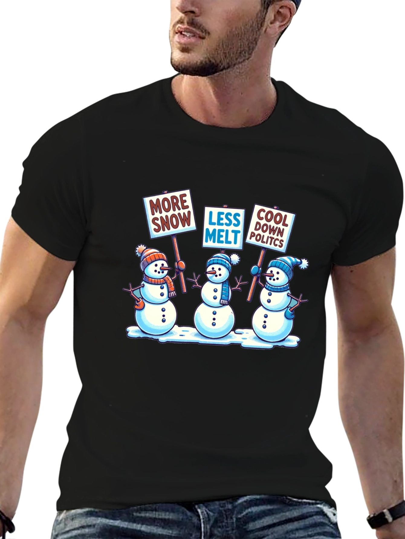 Camiseta Negra con Diseño de Muñecos de Nieve Activistas