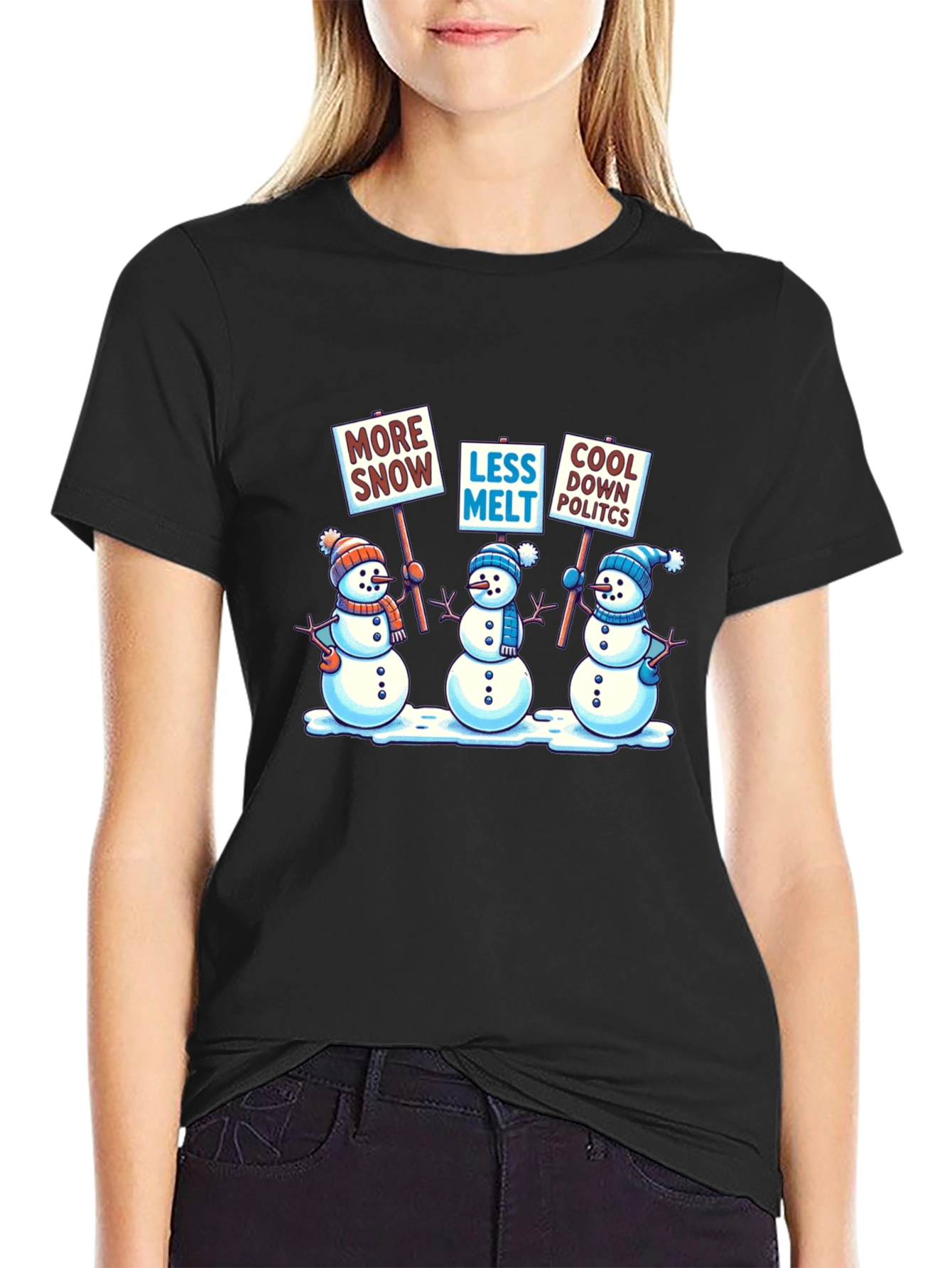 Camiseta Negra con Diseño de Muñecos de Nieve Activistas