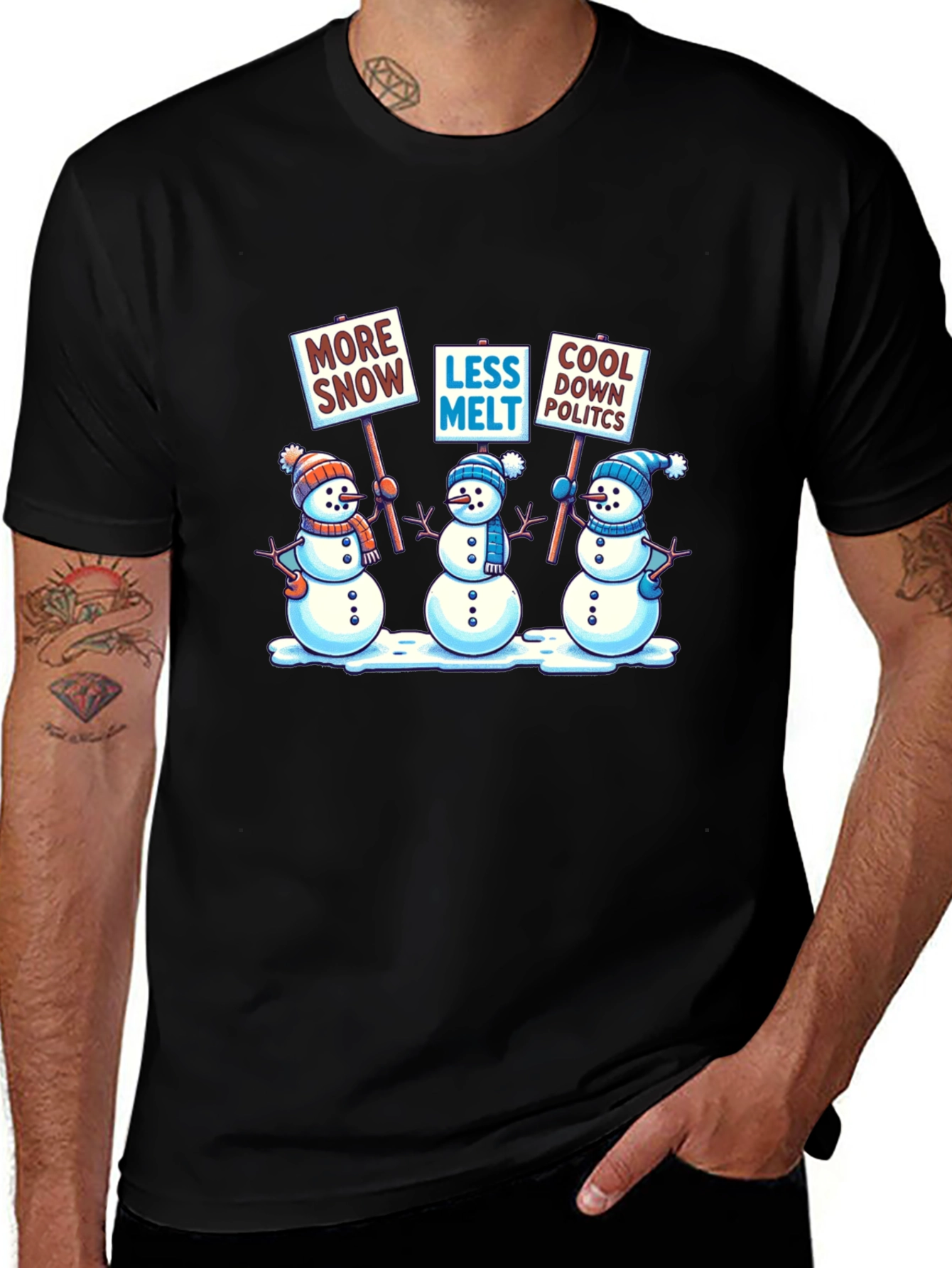 Camiseta Negra con Diseño de Muñecos de Nieve Activistas