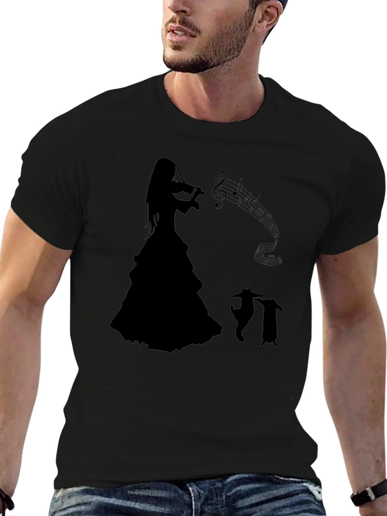 Camiseta Negra con Silueta de Músico y Gatos Bailando