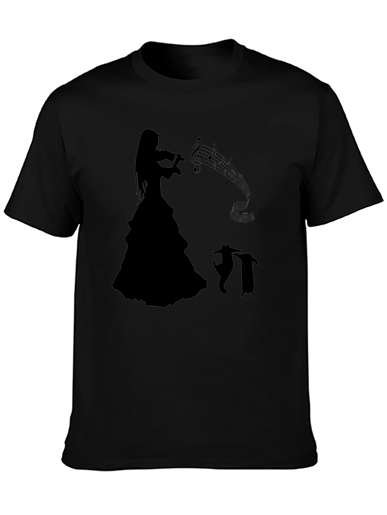 Camiseta Negra con Silueta de Músico y Gatos Bailando