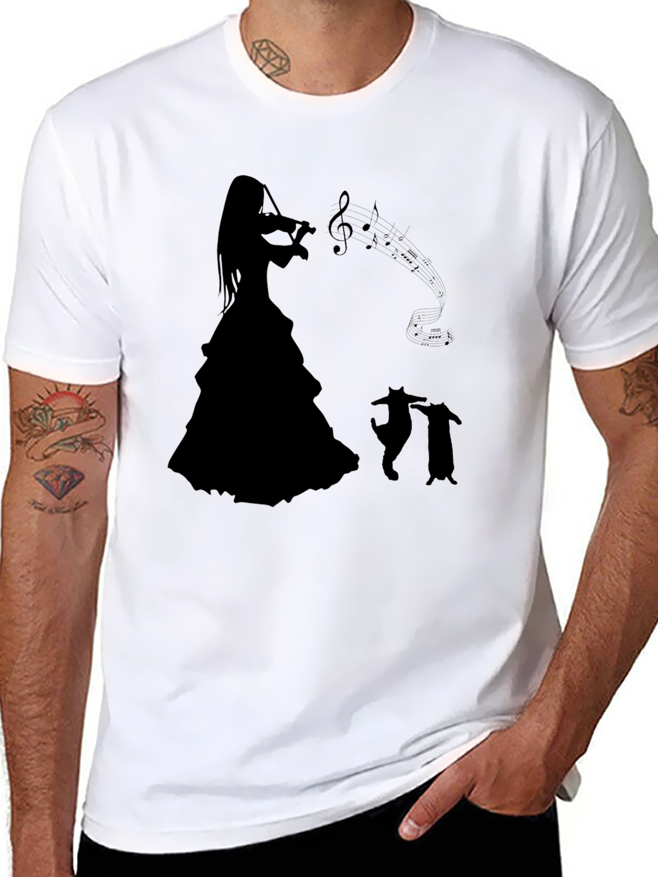 Camiseta Negra con Silueta de Músico y Gatos Bailando