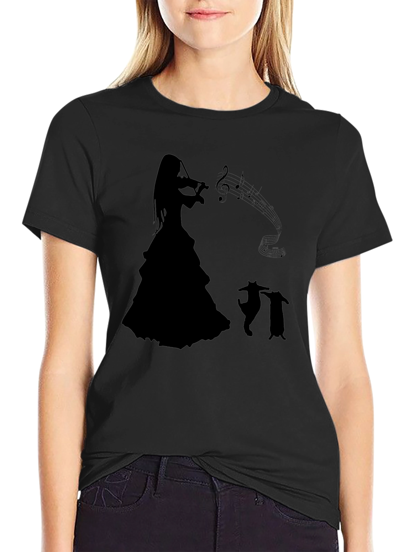 Camiseta Negra con Silueta de Músico y Gatos Bailando