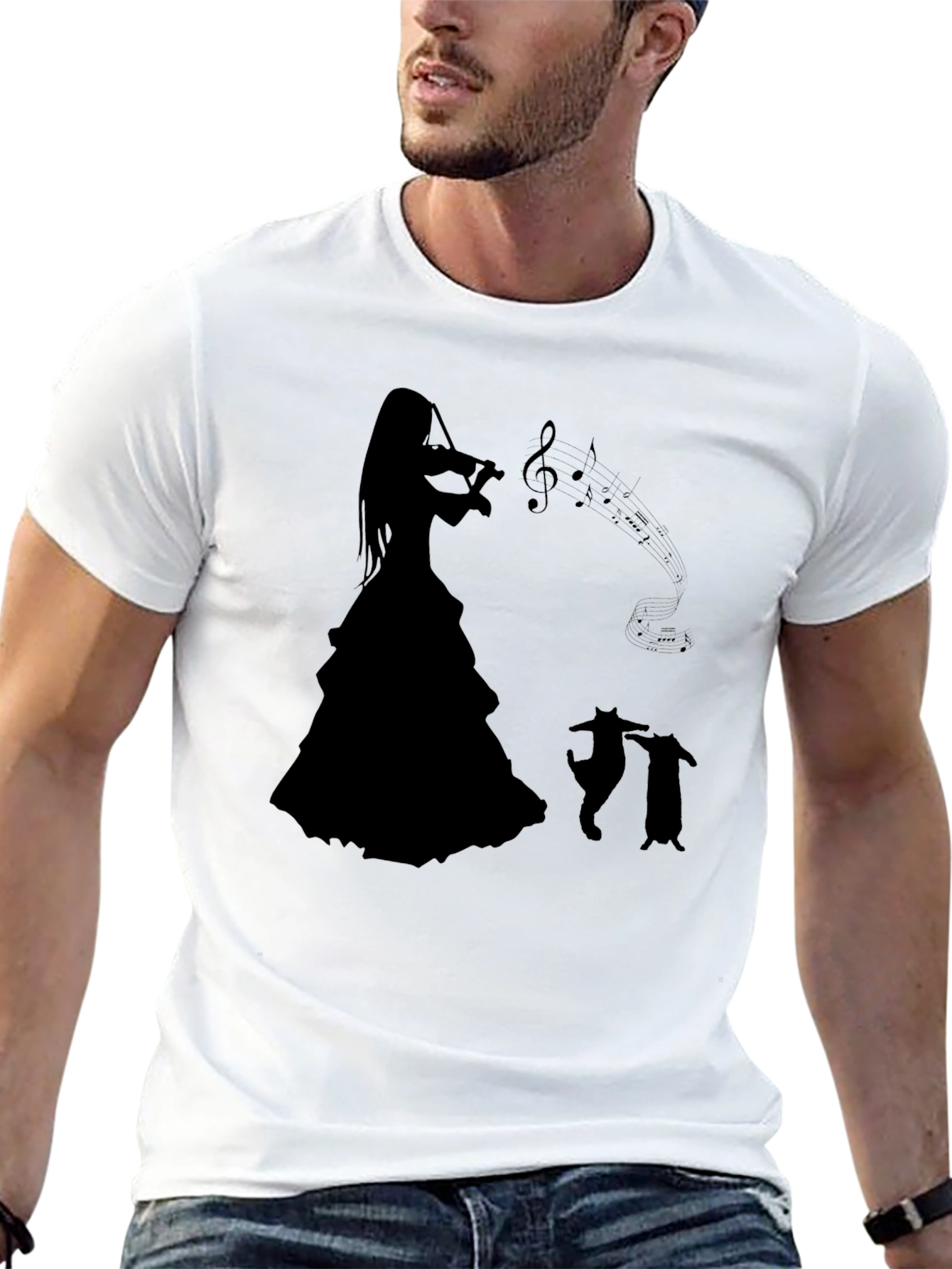 Camiseta Negra con Silueta de Músico y Gatos Bailando