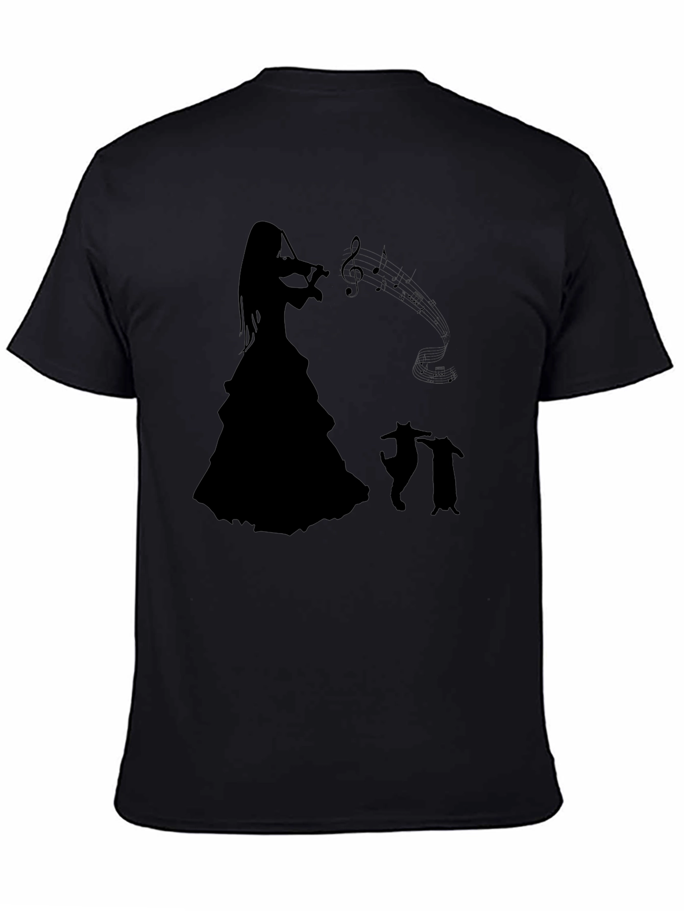 Camiseta Negra con Silueta de Músico y Gatos Bailando