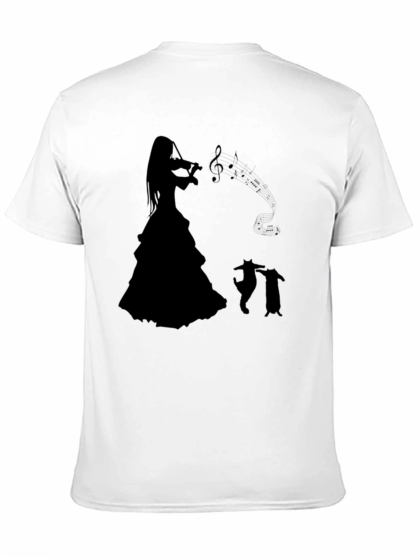 Camiseta Negra con Silueta de Músico y Gatos Bailando