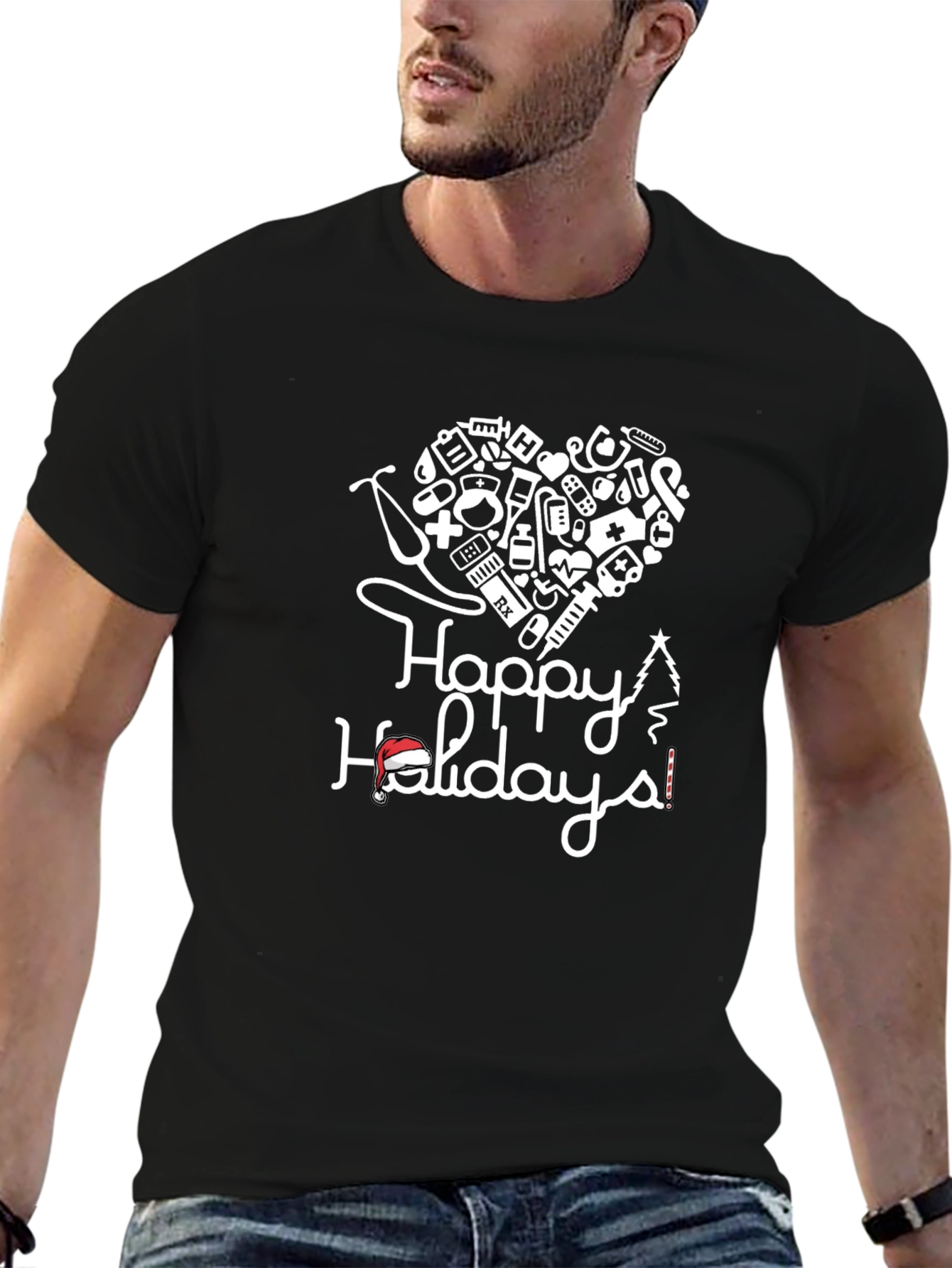 Camiseta Negra con Diseño de Felices Fiestas Médicas