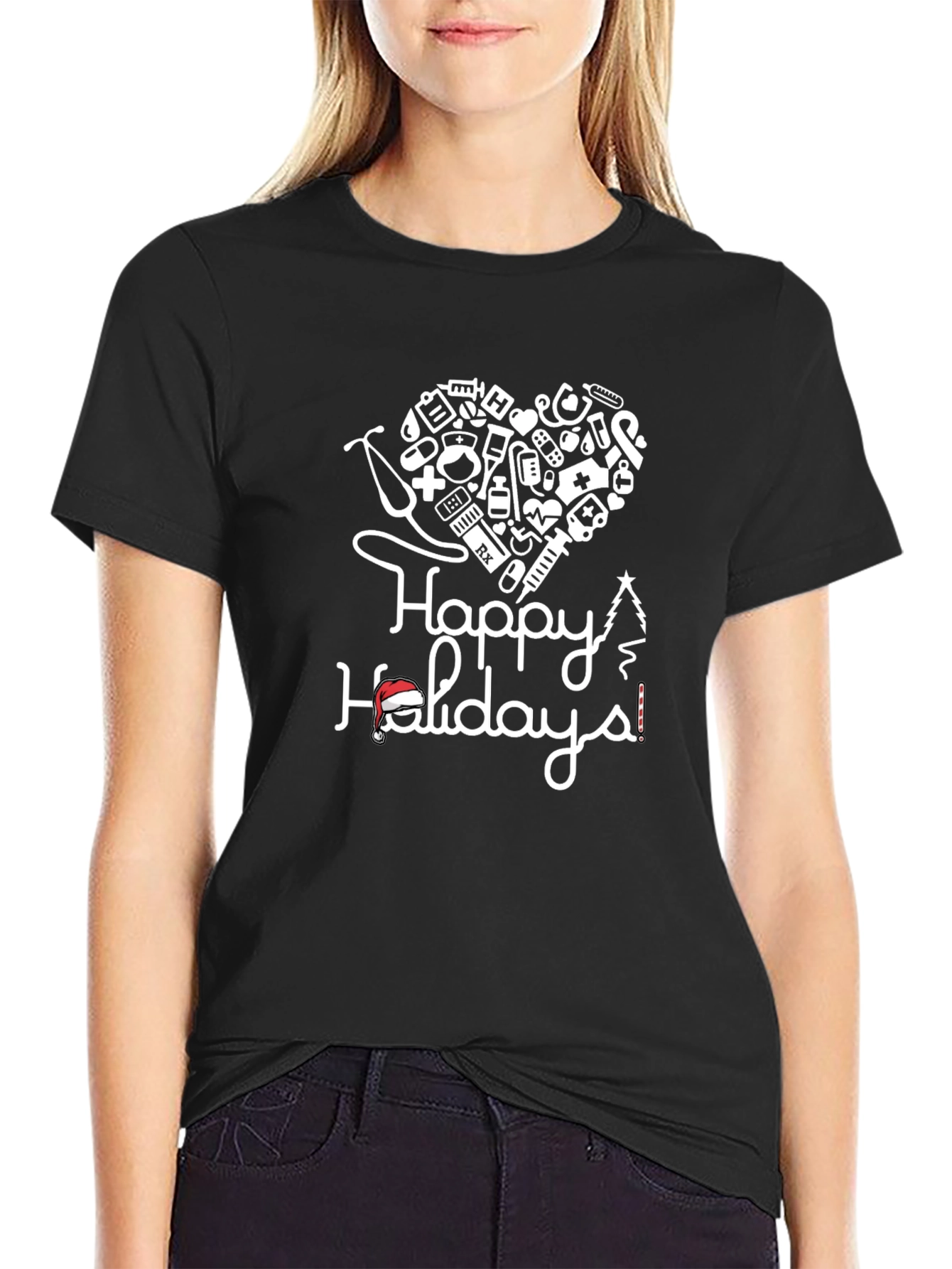 Camiseta Negra con Diseño de Felices Fiestas Médicas