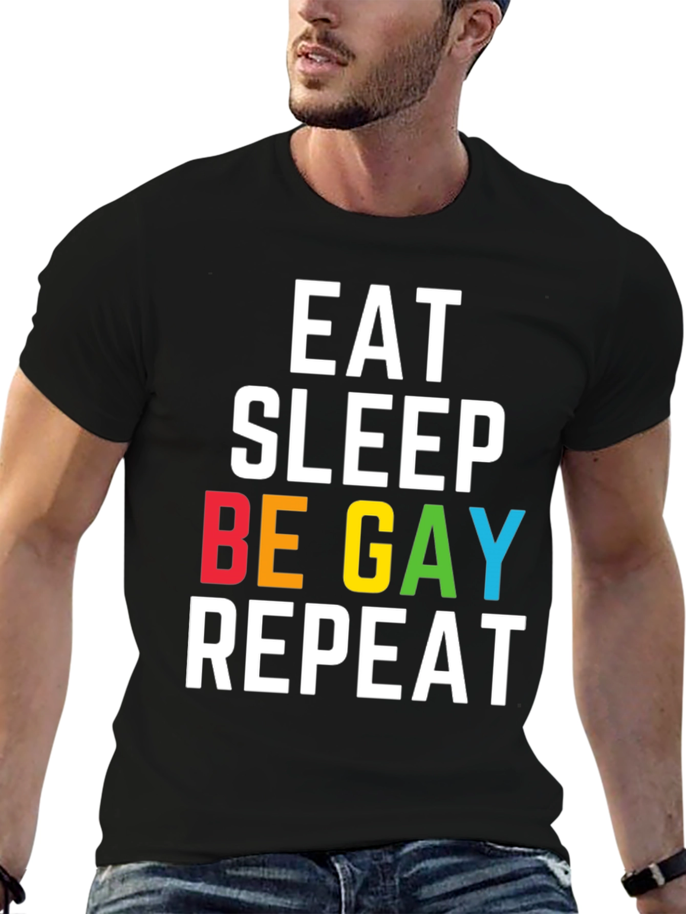 Camiseta Negra Eat Sleep Be Gay Repeat