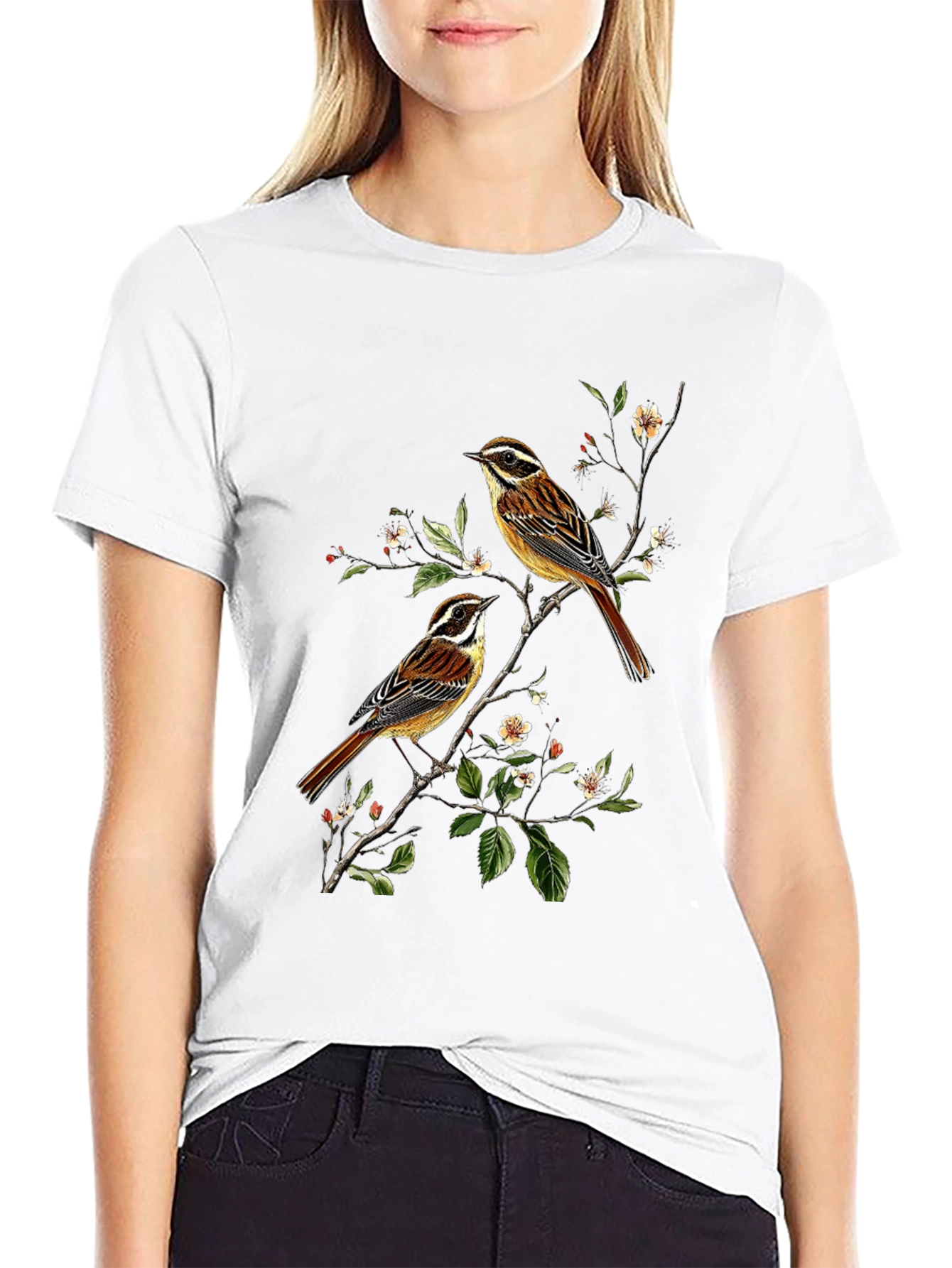 Camiseta Negra con Diseño de Aves y Flores