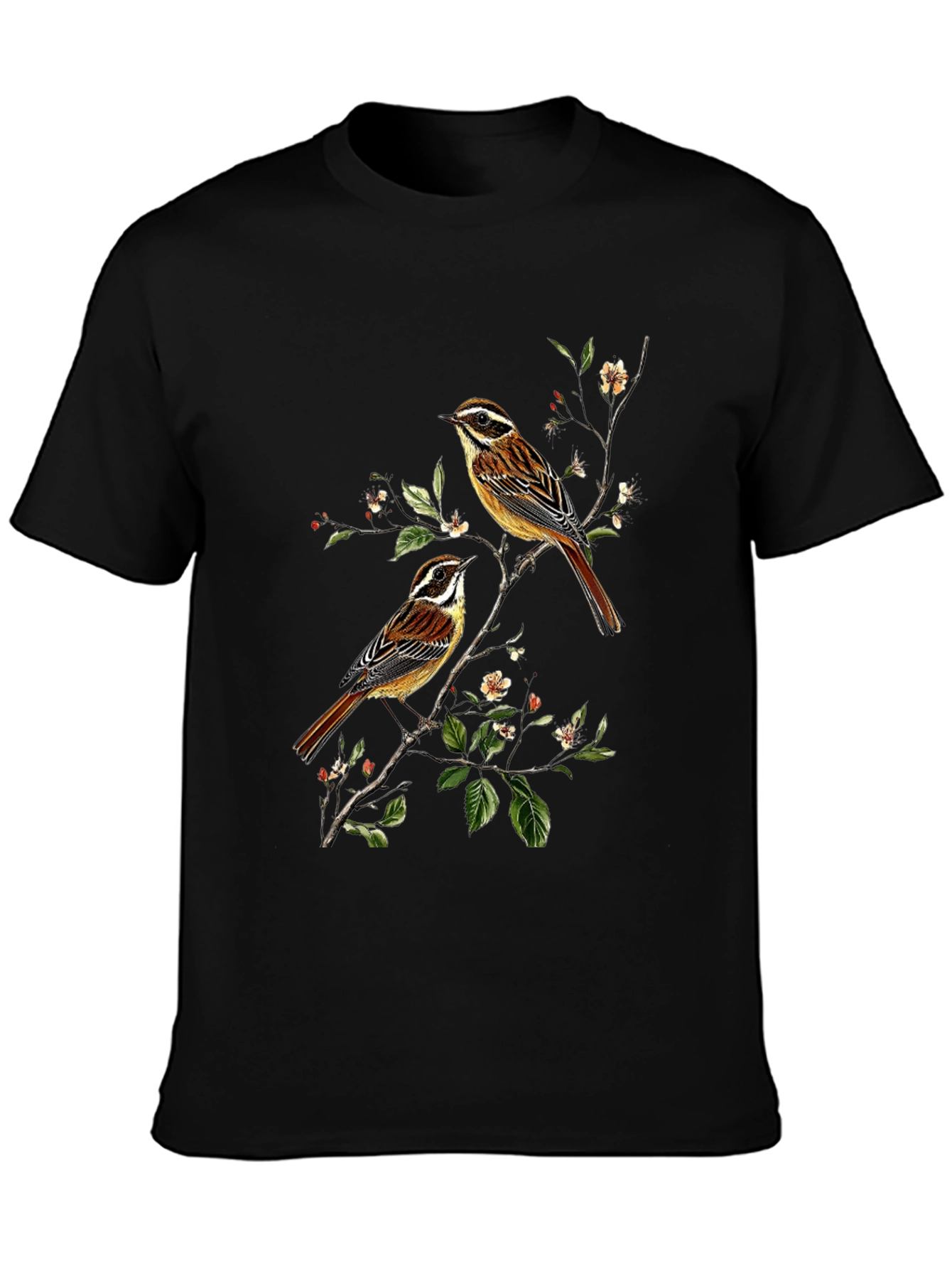 Camiseta Negra con Diseño de Aves y Flores